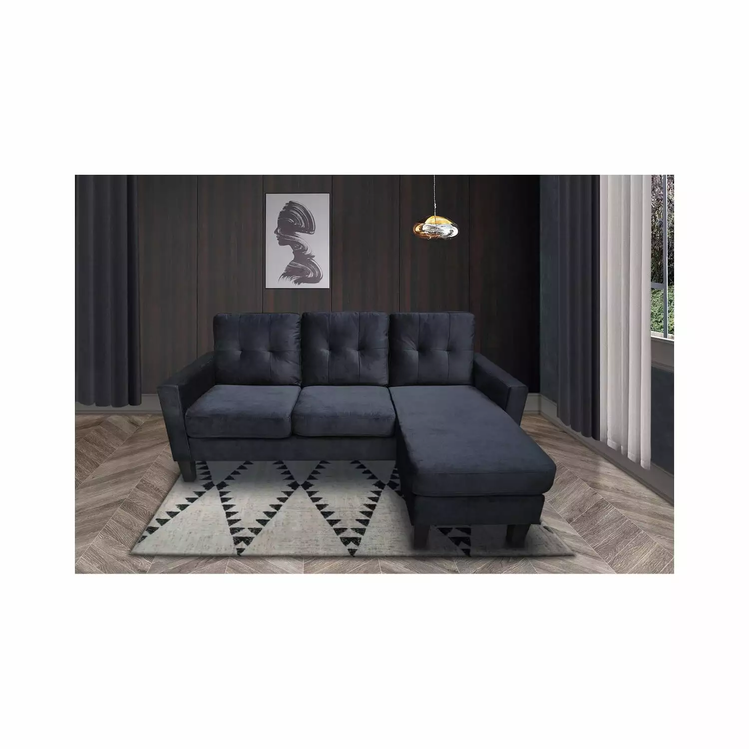 Everett Black Velvet Reversible Sectional Sofa Chaise