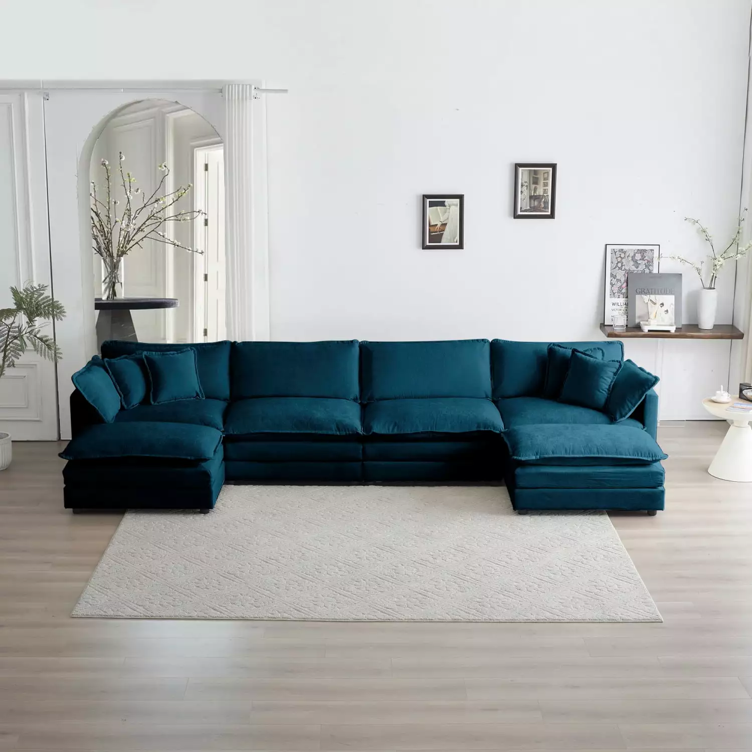 Extra Cozy and Spacious Blue U-Shaped Chenille Sectional Sofa with Reversible Chaise Modular Design Double Ottomans for Maximum Comfort - Perfect Addition to Your Living Room D??cor