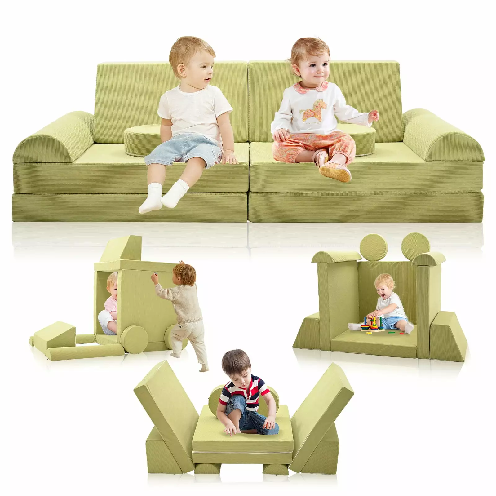 FICISOG Creative Modular Kids Play Couch 10 Pieces Kids Play Sofa Couch Set. Soft Foam Kids Fort Couch. Toddler Couch Play Room Furniture - Green. M (63 x 31.5 x 19.7)