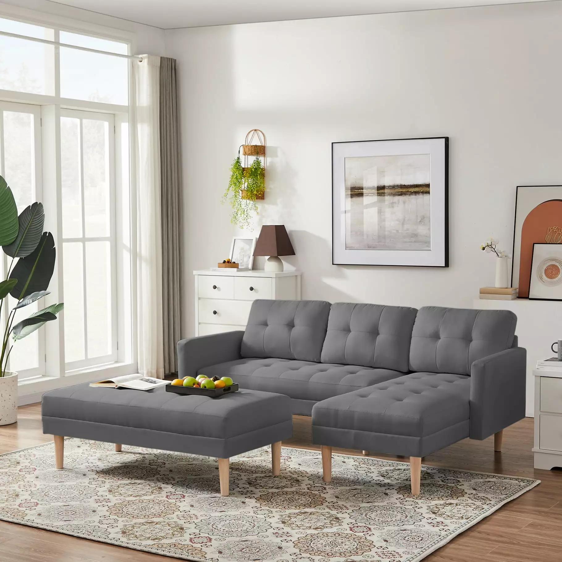 Modular Sectional Sofa Bed with Ottoman Bench. Combinable Daybed L-Shaped Transformable Sofa Chaise Lounge. Gray