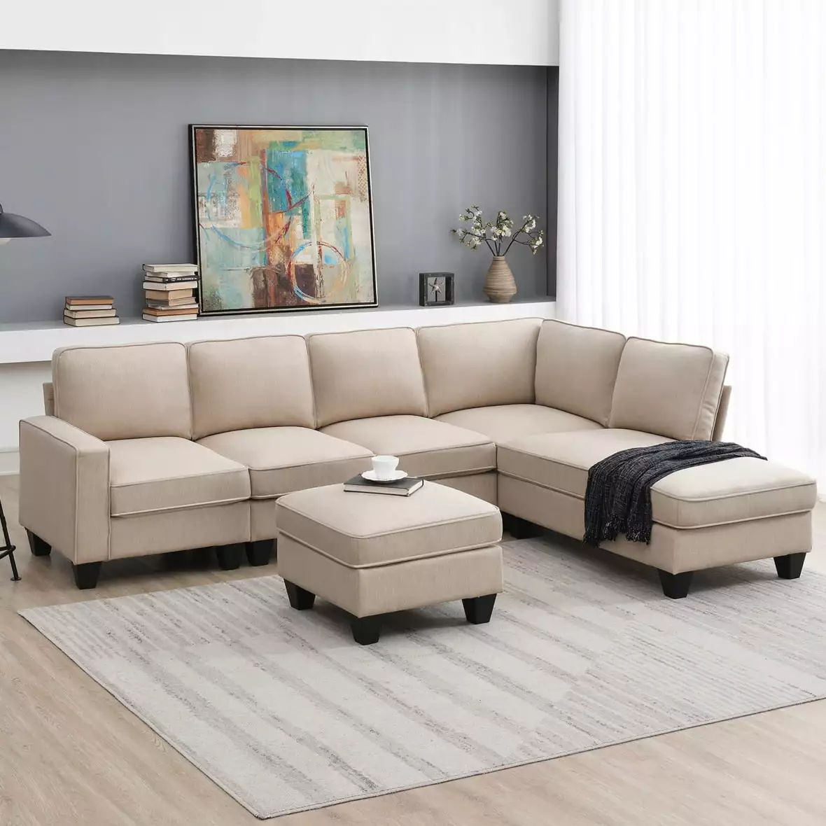 Fabric Sectional Couch L Shaped. Modular Sectional Sofa with Chaise Lounge. Convertible Ottoman and Removable Cushions. 7 Seater Sofa for Living Room. Lounge. Khaki