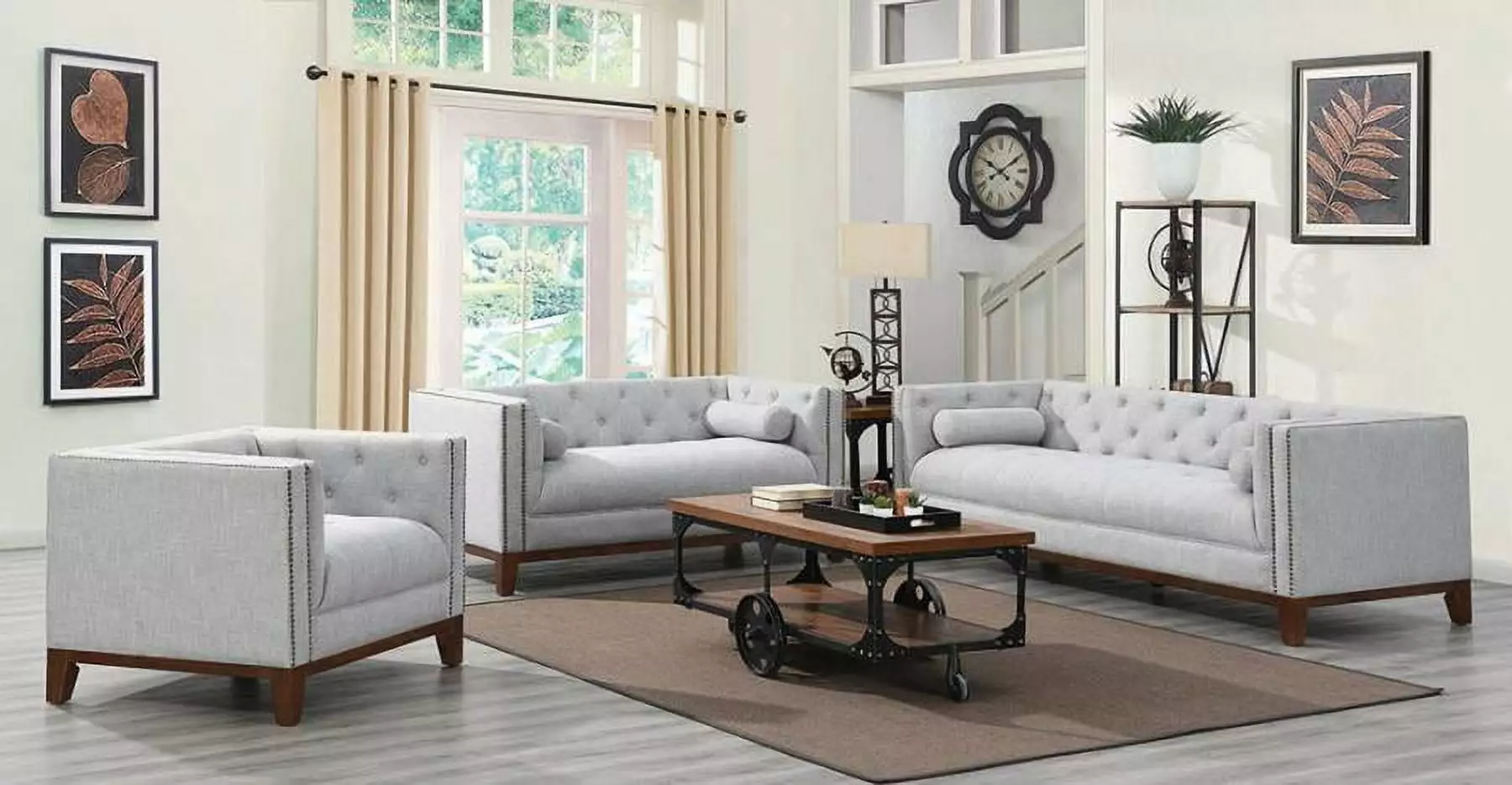 Fabric Upholstered Wooden Sofa with Button Tufted Back and Nail head Trims. White and Brown