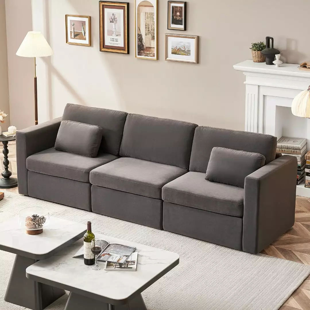 Fajiani Modern Velvet 3 Seats Sectional Sofa. Oversized Upholstery Sectional Sofa. Chaise Couch with Storage Ottomans for Living Room/Loft/Apartment/Office