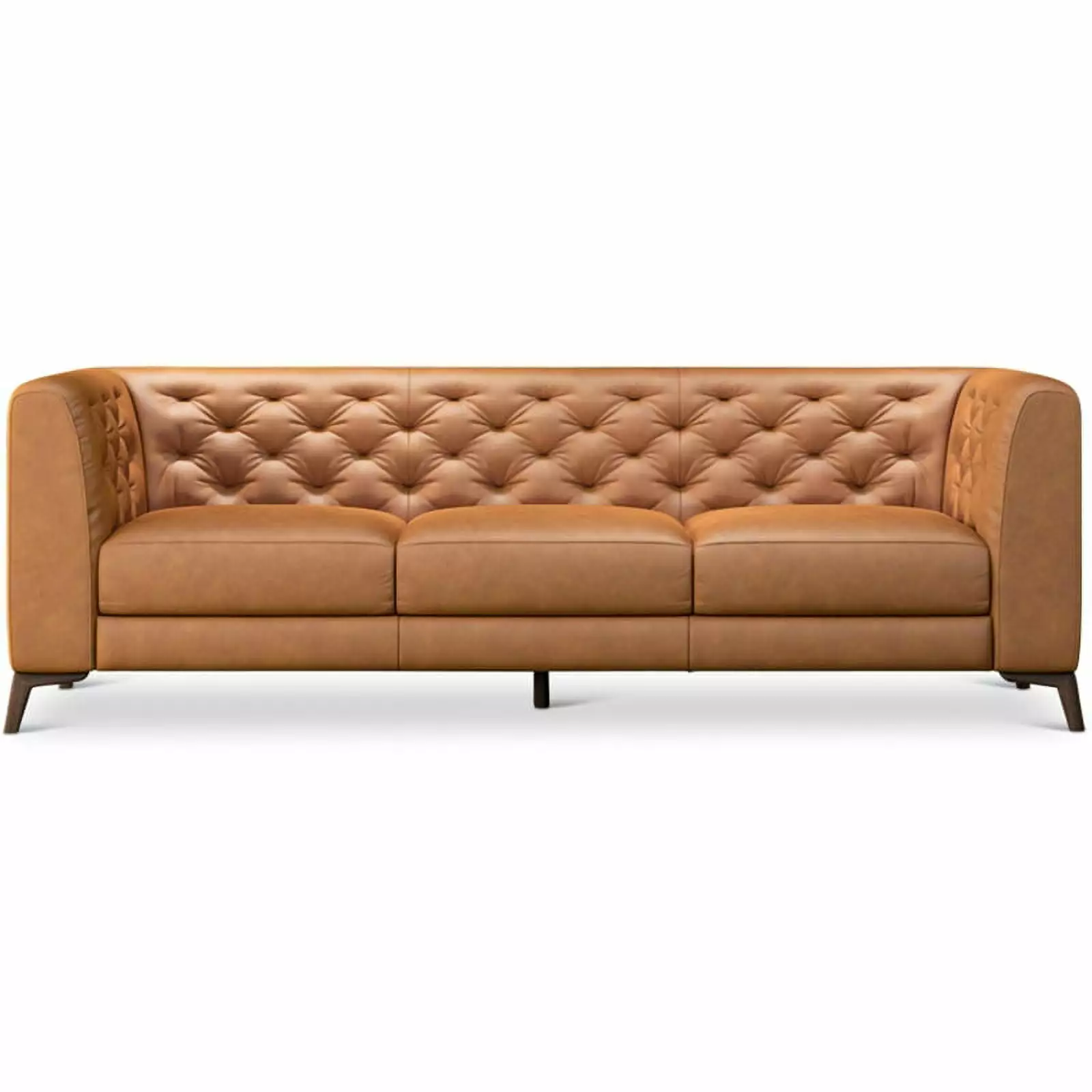 Falconetti Mid-Century Tufted Tight Back Genuine Leather Upholstered Sofa in Tan