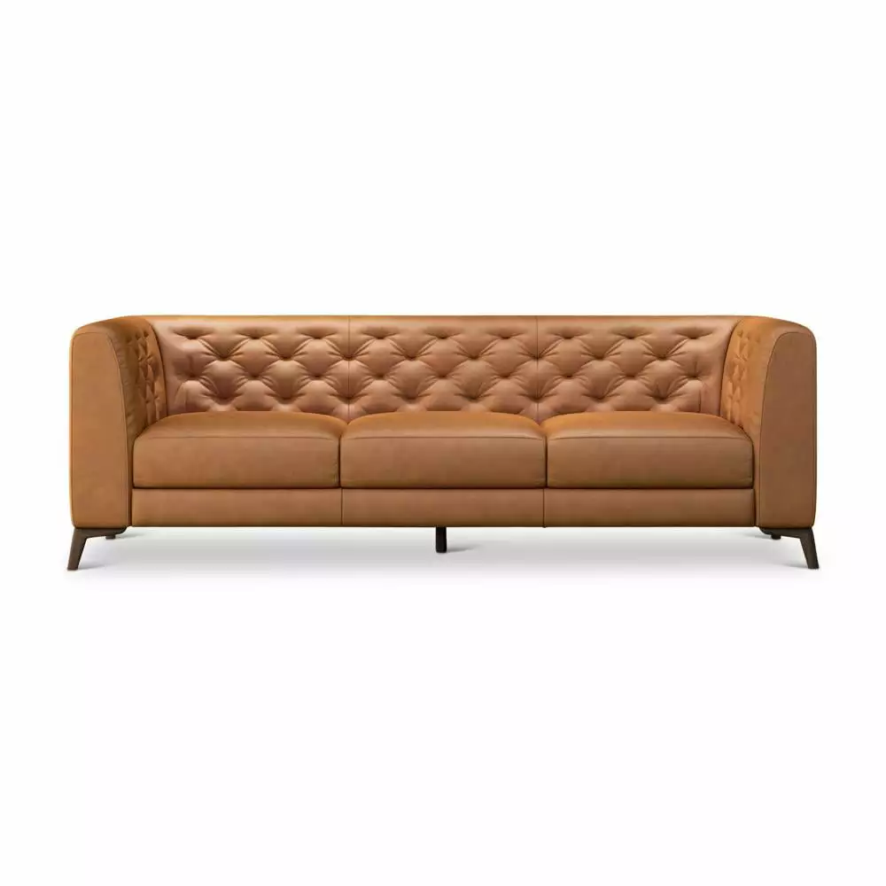 Farinelli Modern Living Room Tufted Tight Back Genuine Tan Leather Sofa