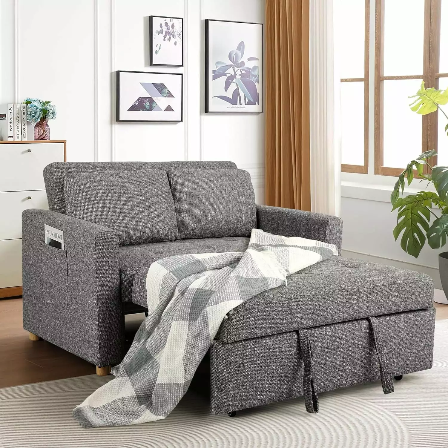 Farmdex 3-in-1 Convertible Sleeper Sofa Bed. Linen Fabric Pull Out Couch Bed. Loveseat with Spring Support. Adjustable Backrest Perfect for Dorms. Apartments. and Home Offices Dark Grey