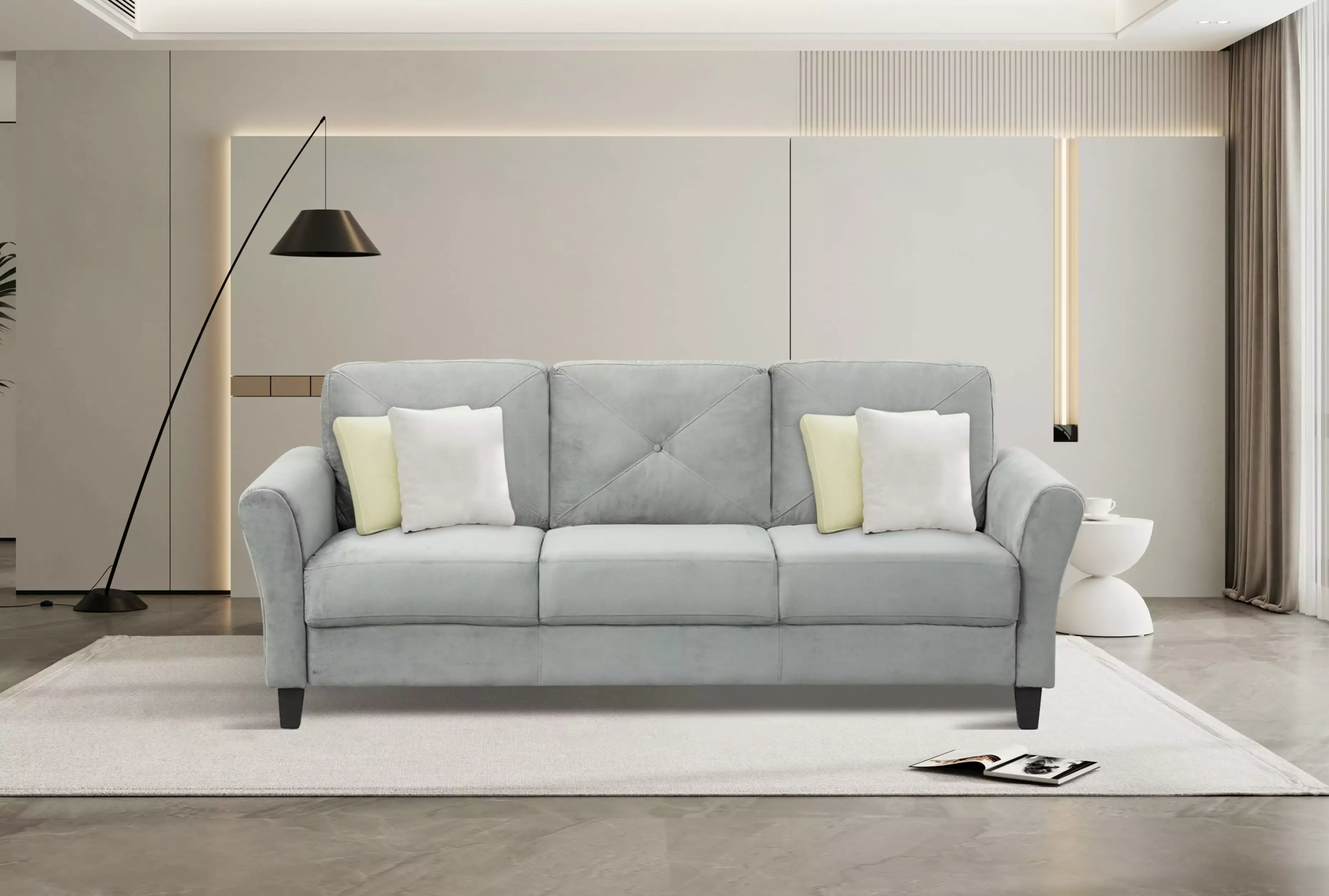 Fashionable living room sofa for 3 people. gray fabric