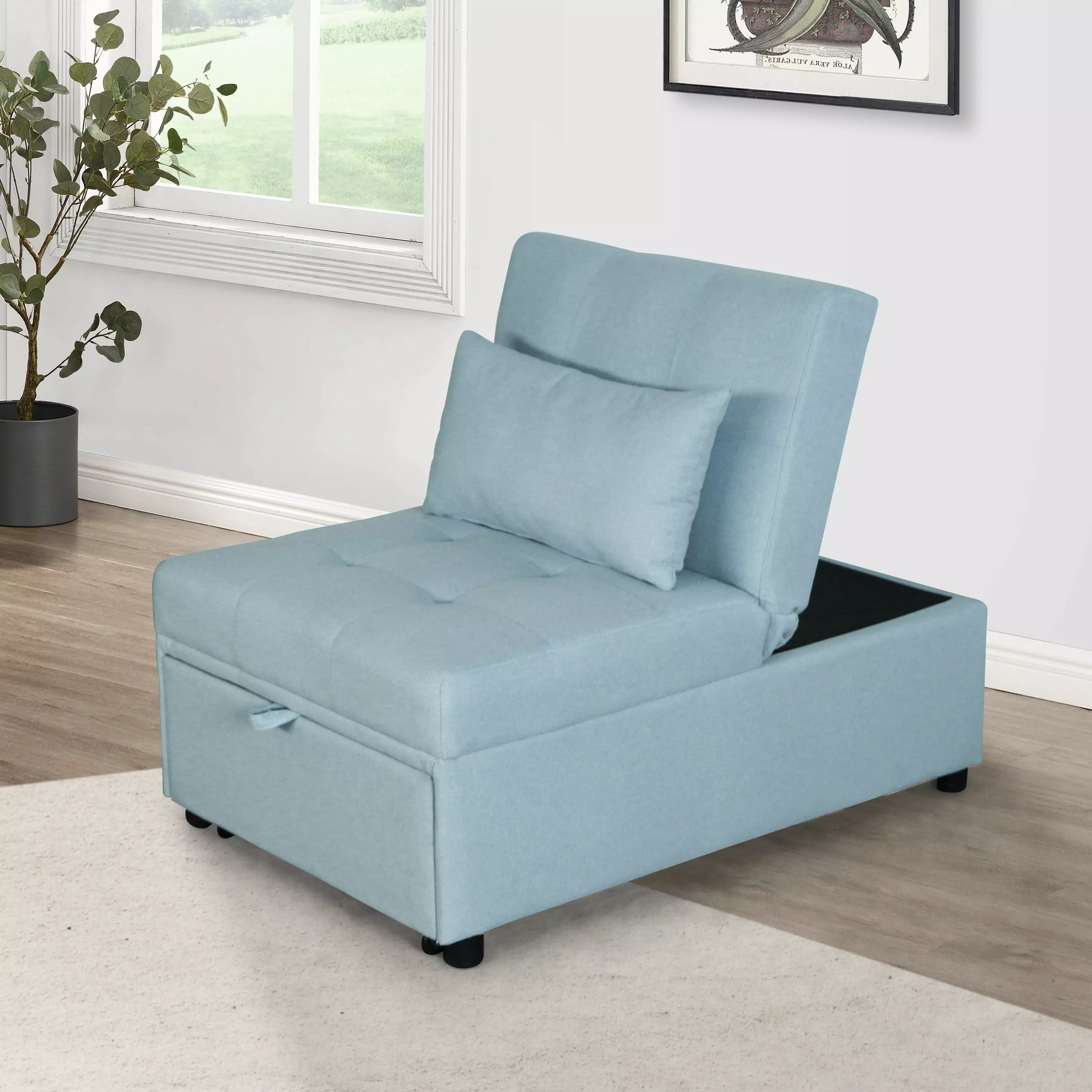 Folding Ottoman Sofa Bed Lazy Sofa Chair Light Blue Fabric