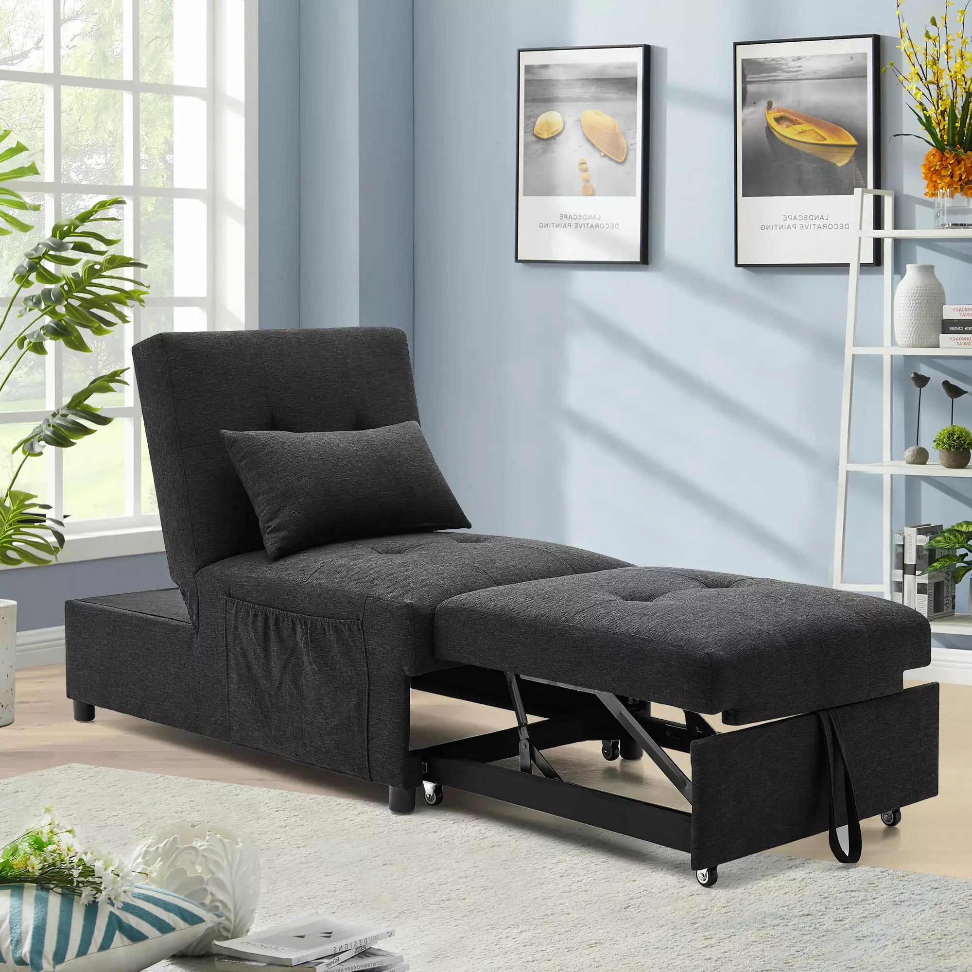 Folding Sofa Bed Chair. 4in1 Multi-Function Single Folding Ottoman Sleeper Sofa Bed w/Storage Bag. Modern Sleeper Convertible Chair Adjustable Backrest. Small Couch Bed for Living Room. Black