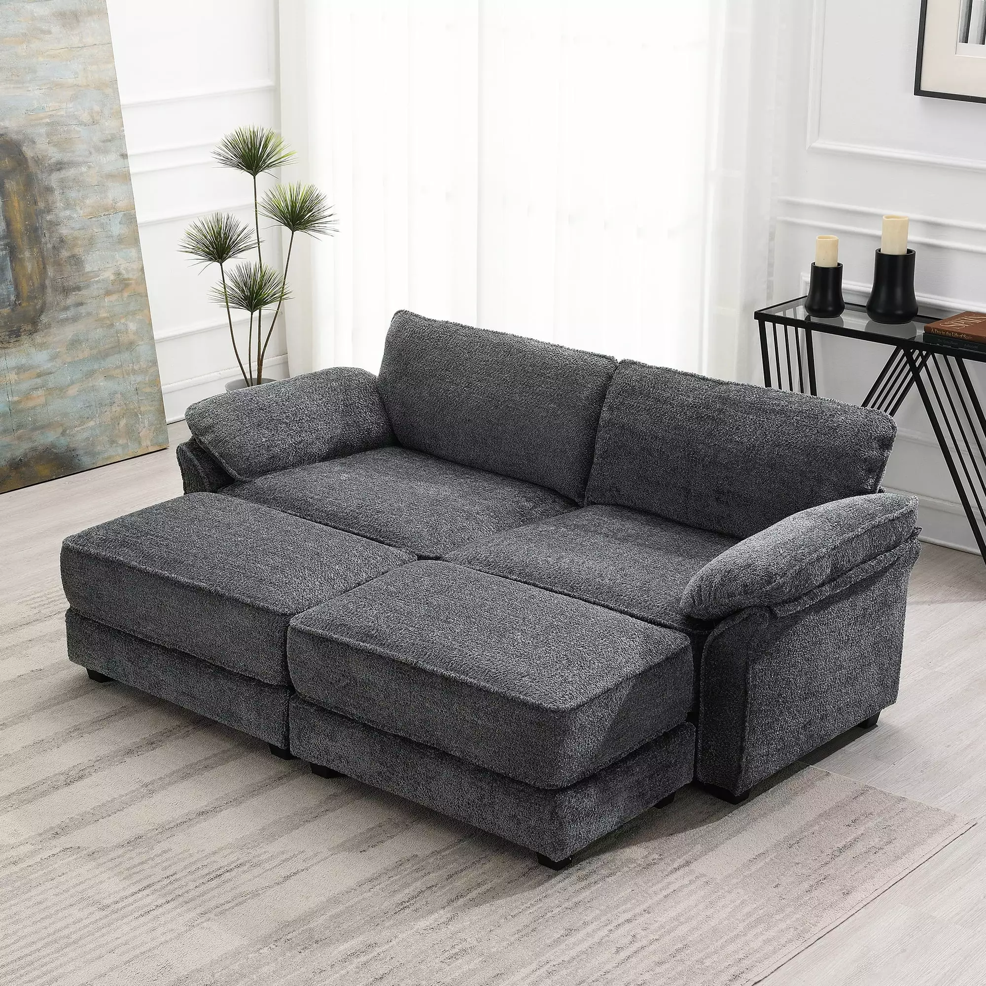 Free Combination Modular Convertible Sectional Sofa Bed Set. 4 Seat Upholstered Sleeper Corner Couch. Deep-Seat Loveseat With Ottoman For Living Room. Office. Apartment.2 Colors