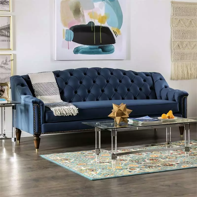 Furniture of America Tidi Transitional Fabric Tufted Sofa in Blue