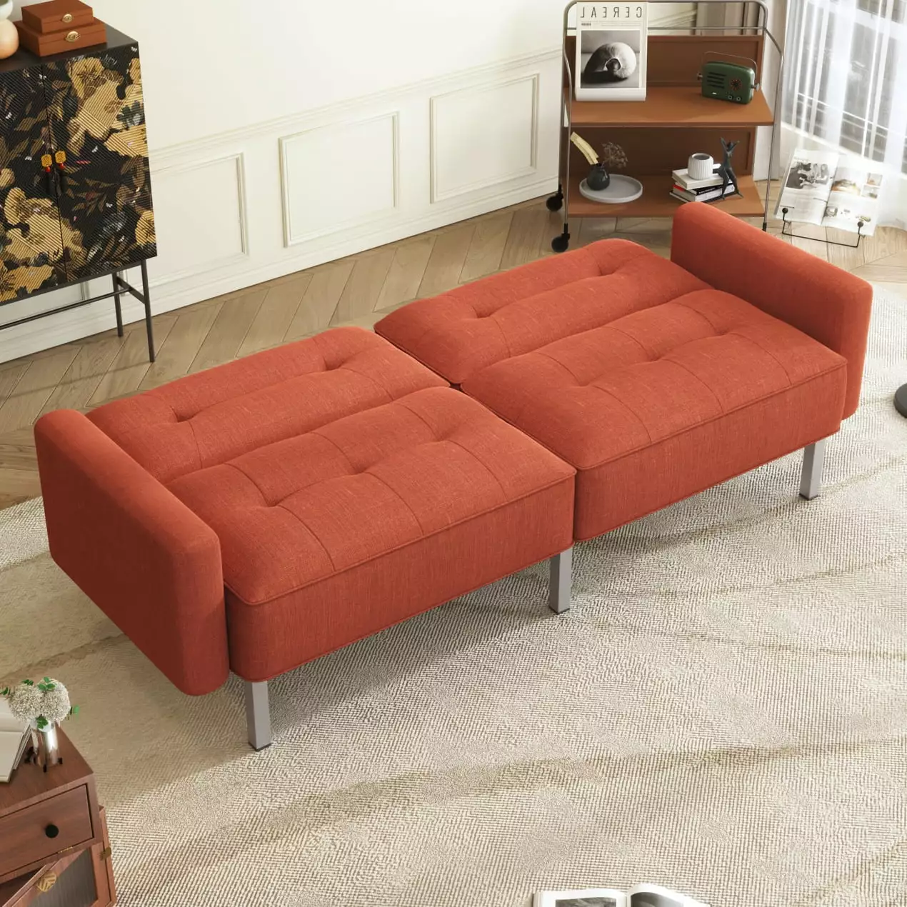 Futon Sofa Bed. 75.6 Loveseat Sleeper Sofa with Adjustable Split Backrest. Linen Small Comfy Couch for Living Room. Apartment. 400LBS Weight Capacity. Orange