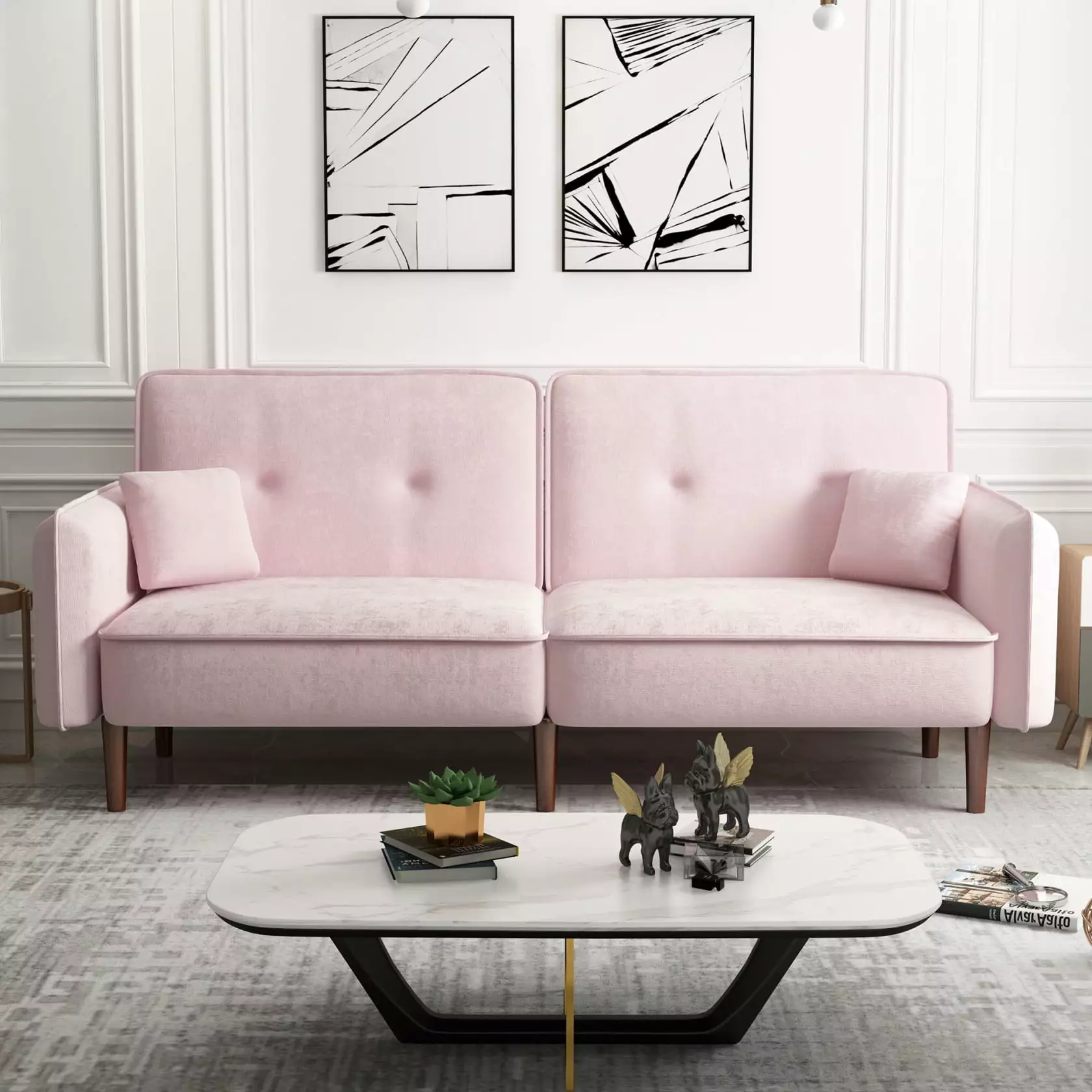 Futon Sofa Bed. Convertible Futon Sleeper Couch Daybed with Adjustable Backrest. 75 Modern Tufted Loveseat Sofa with Solid Wood Legs and 2 Pillows for Living Room. Studio. Apartment. Office. Pink