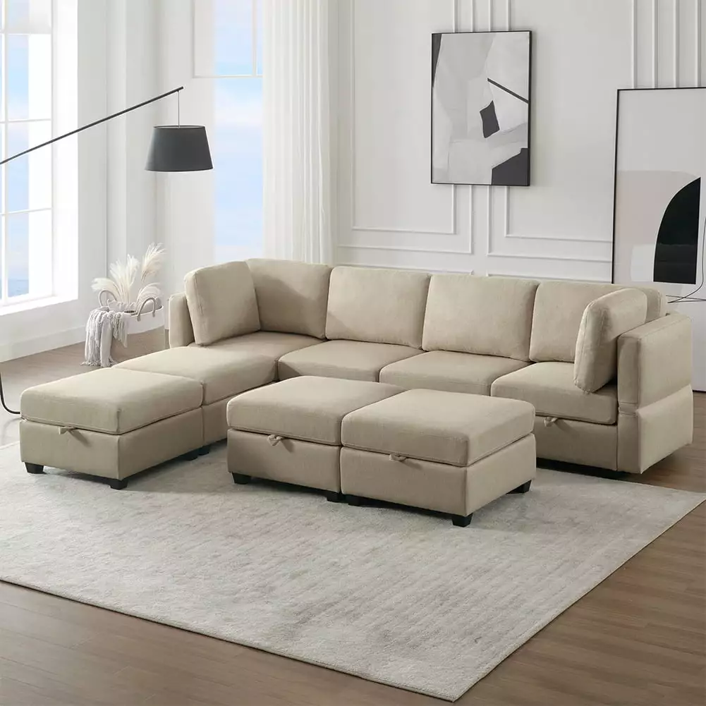 FuxinDecor Free Combinations Modular Sofa. U-Shaped Sectional Couch with Storage Ottoman.Adjustable Arms and Backs.Back Cushions.Convertible Chaise for Living Room