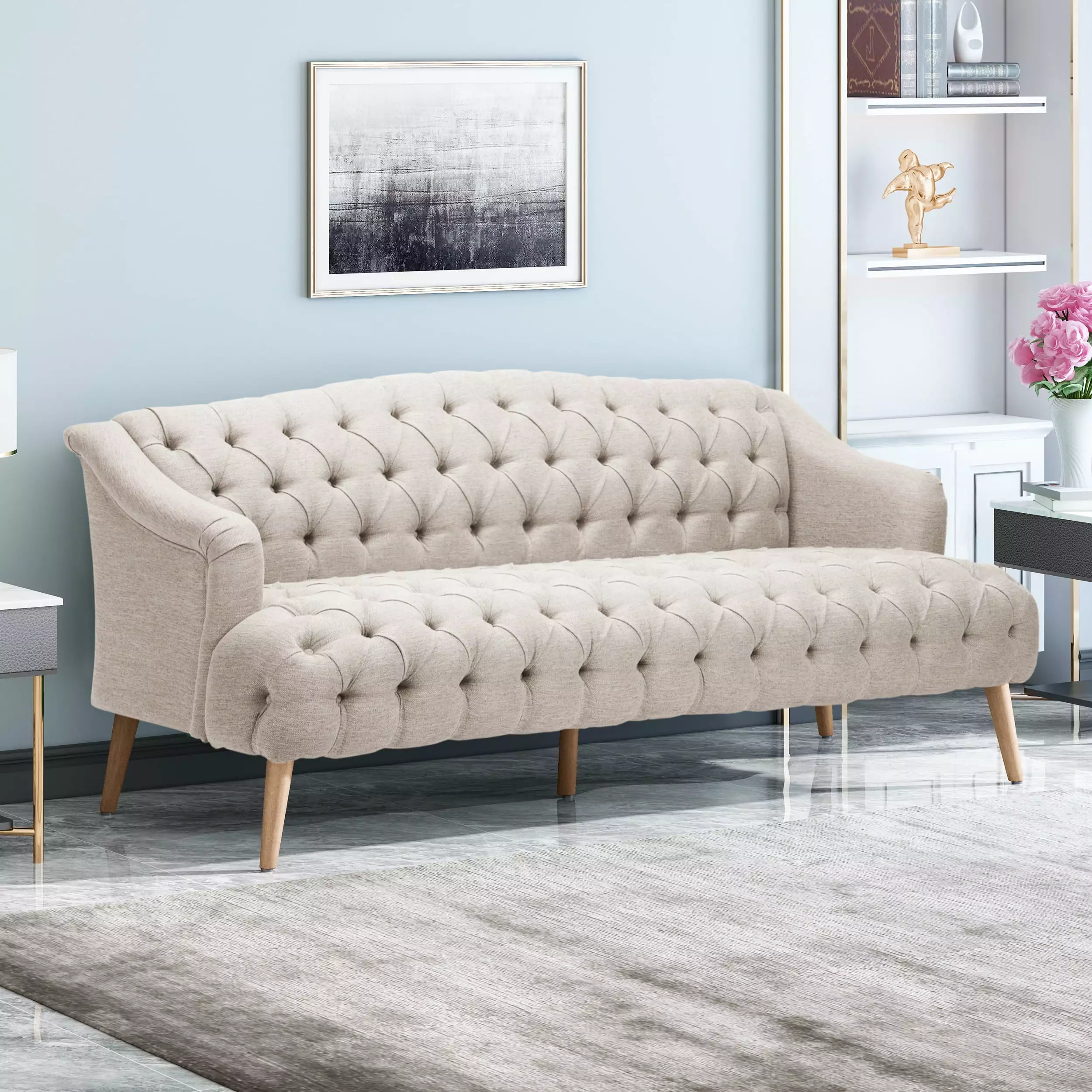 GDF Studio Manila Contemporary Tufted 3 Seater Sofa. Beige Fabric and Natural