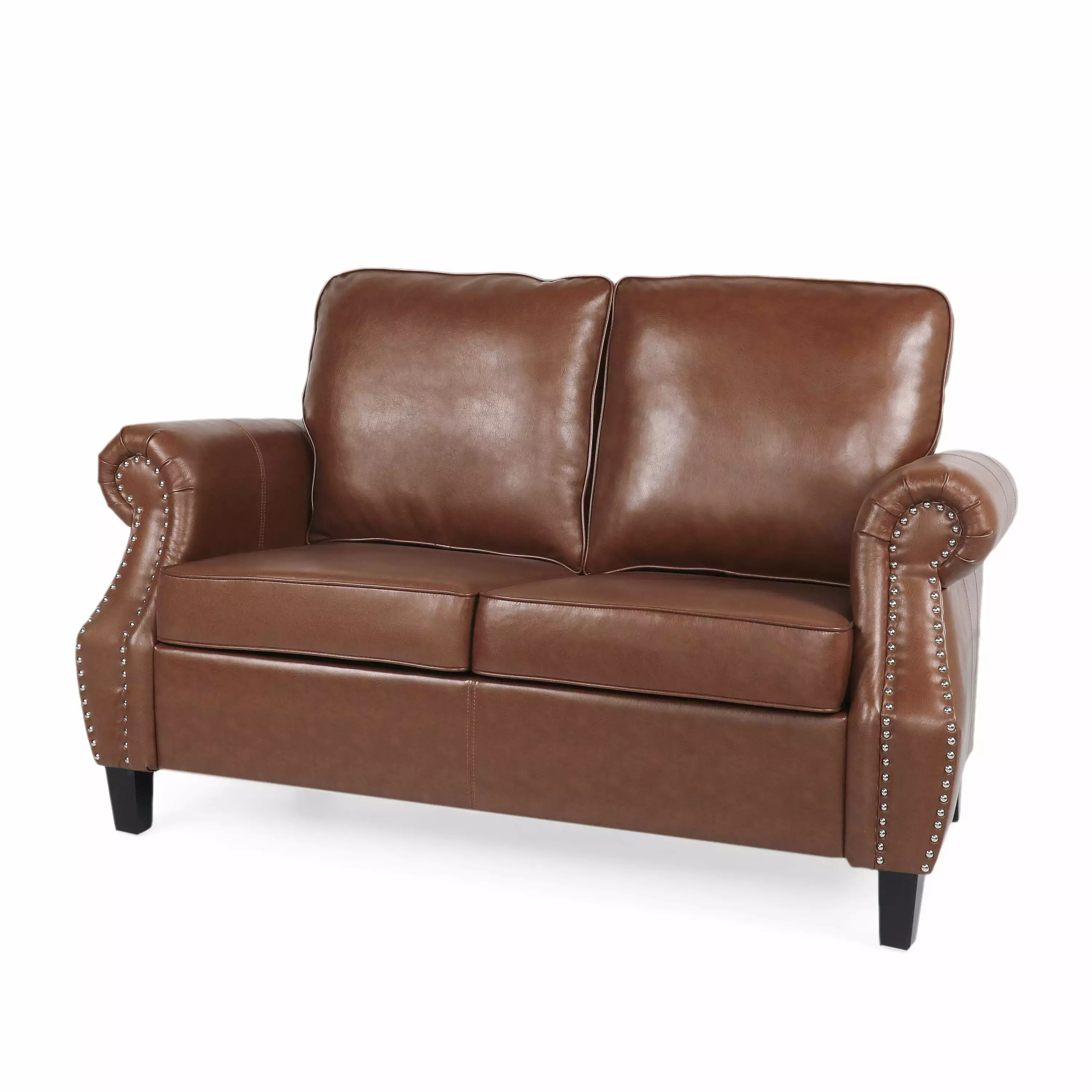 GDF Studio Pochelon Contemporary Faux Leather Loveseat with Nailhead Trim. Cognac Brown and Dark Brown