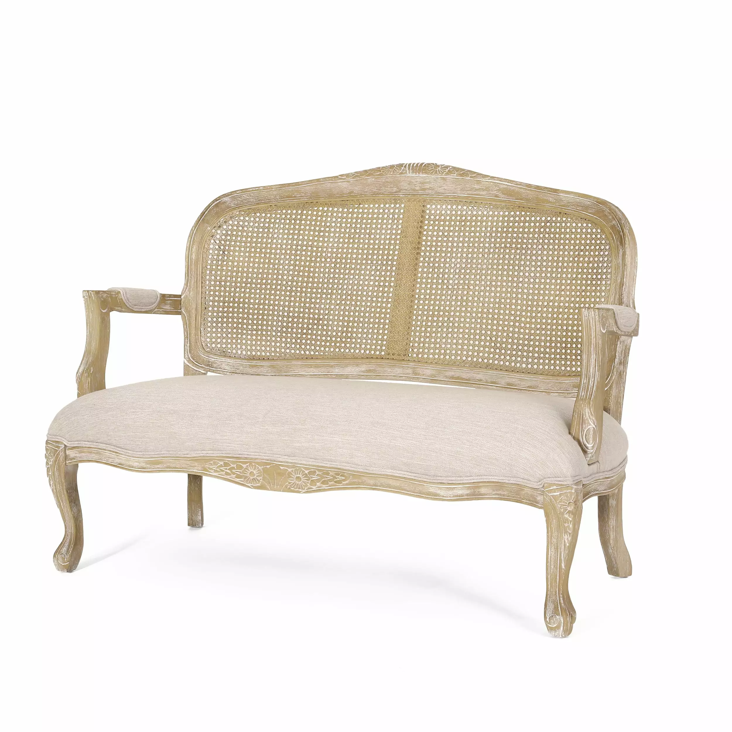 GDF Studio Wistar Indoor French Country Fabric Wood and Cane Loveseat. Beige and Natural