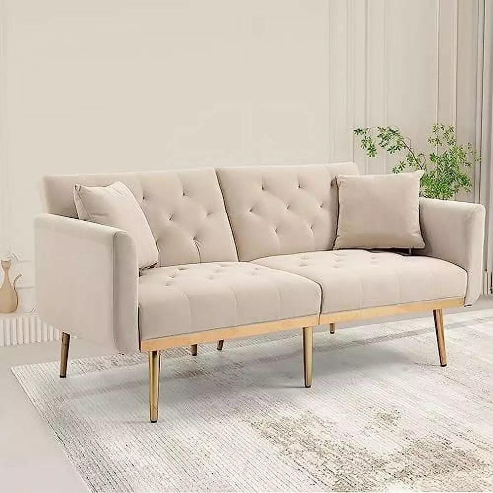 GEROBOOM Mid-Century Modern Velvet Loveseat Petite Accent Sofa Couch with 7 Gold Metal Legs (Beige)