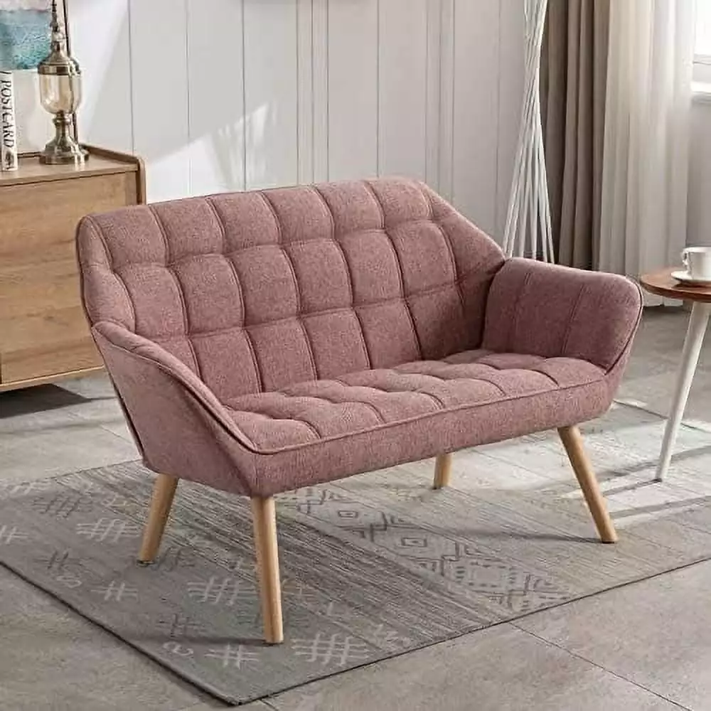 GFVCNIO Small Loveseat for Bedroom 2-Seat Mini Sofa Couch with Wingback and Wood Legs for Living Room Apartment Small Space Fluffy Love Seat Pink Linen