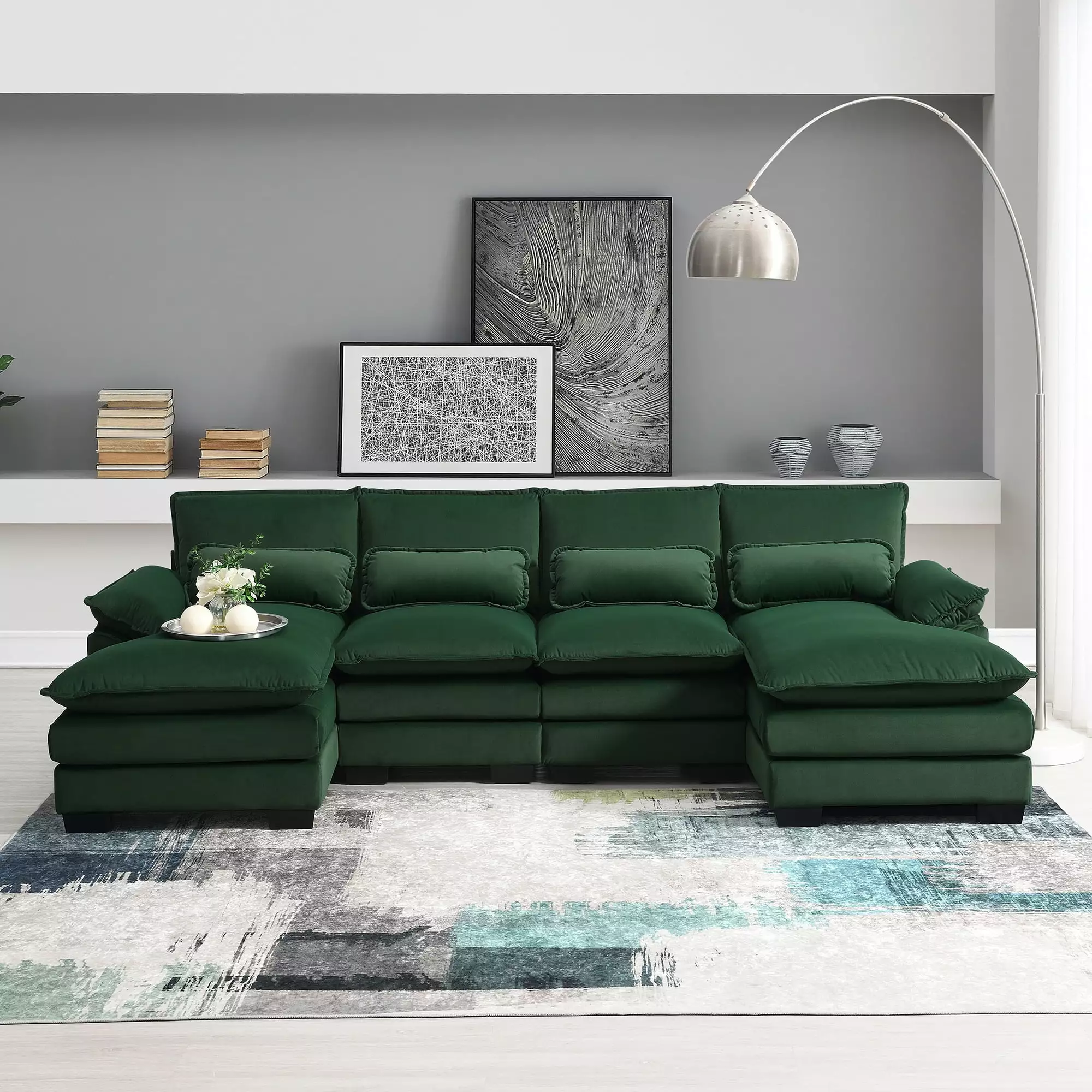 GNIXUU 109.8 Sectional Sofa Cloud Couch for Living Room.Modern Velvet Large Overstuffed U Shaped Couch.Comfy Modular Sofa Sleeper with Double Chaise & Cushions(Green)