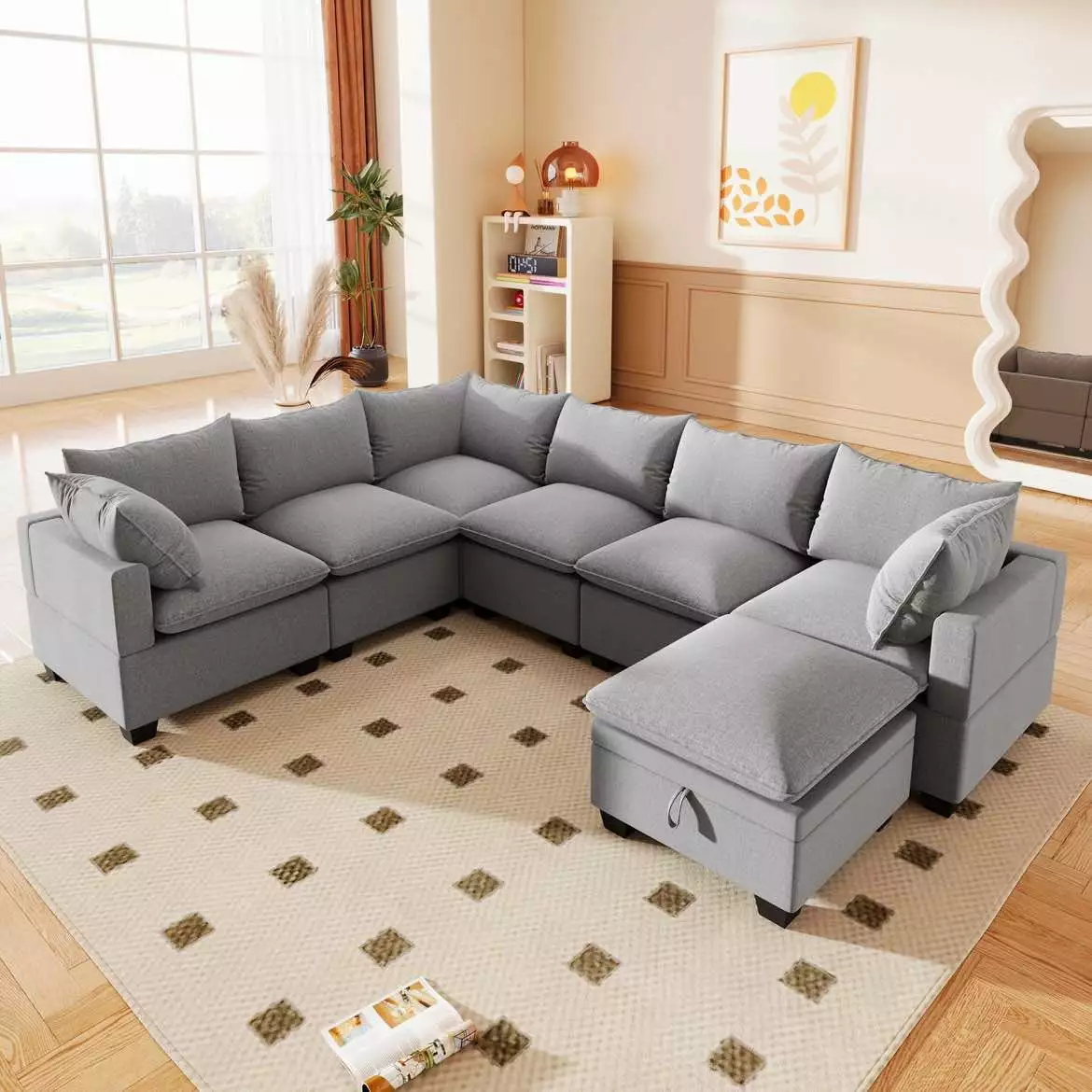 GNIXUU U Shaped Sectional Couch.120 Oversized Cloud Sofa Couch Set for Living Room.Modern Convertible Large 7 Seater Chenille Corner Sofa with Storage Ottoman for Office Spacious Space