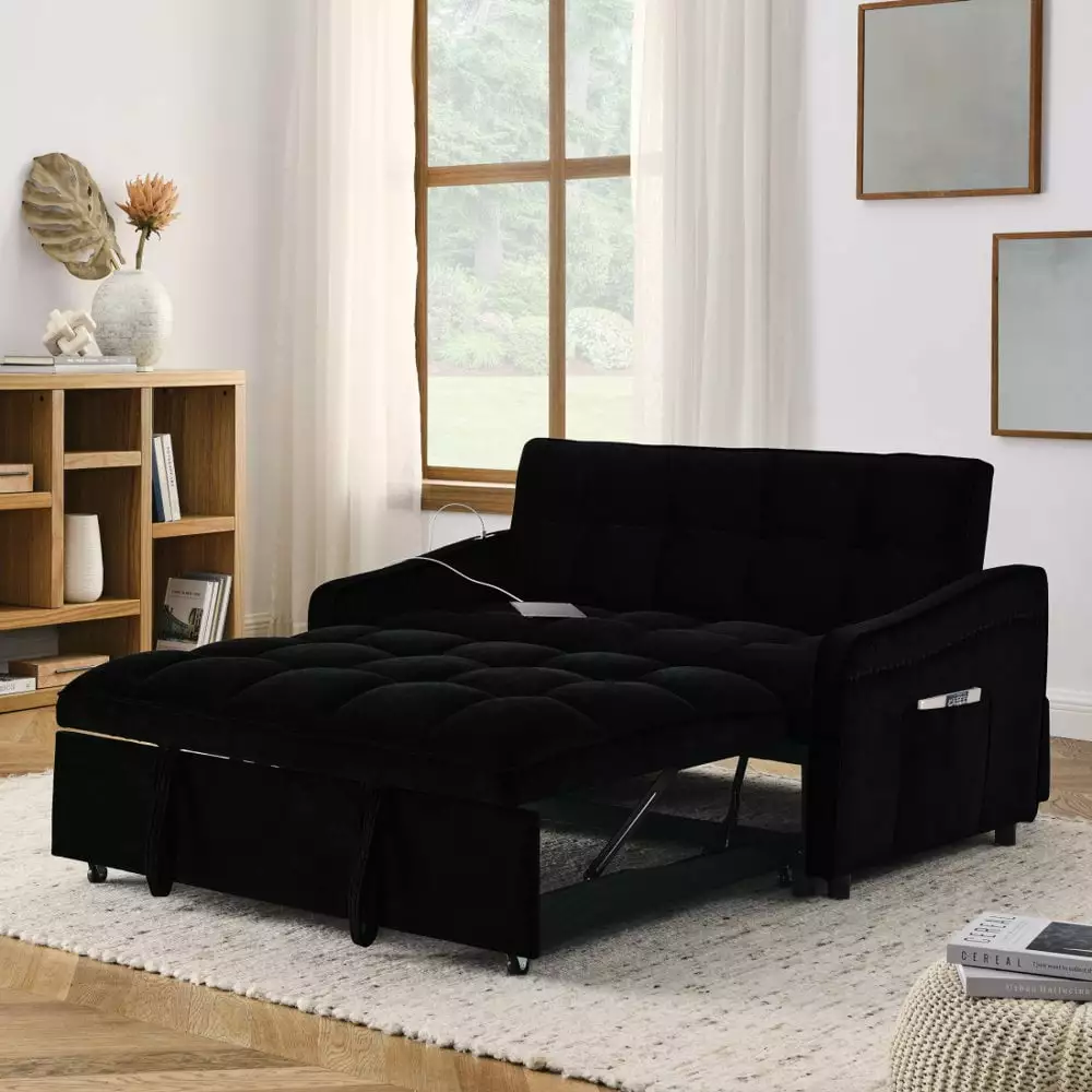 GZXS 53W Loveseats Sofa Bed with Pull-out Bed. Adjsutable Back and Two Arm Pocket. TypeC and USB Charging with Copper Nail. Black