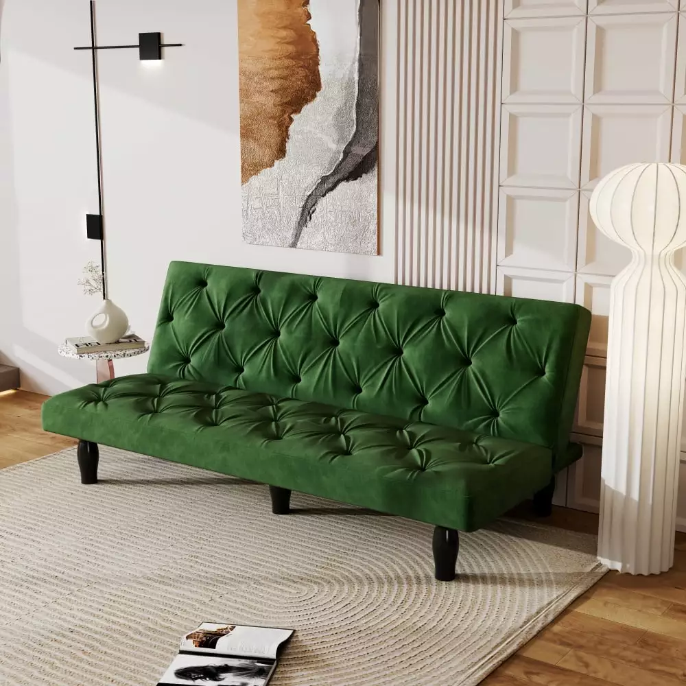 GZXS 66 Modern Futon Sofa Couch Convertible Sleeper Couch Bed Daybed. Multifunctional Velvet Upholstered Folding Recliner. 3-Seats Sof?? for Living Room Furniture Sets. Green