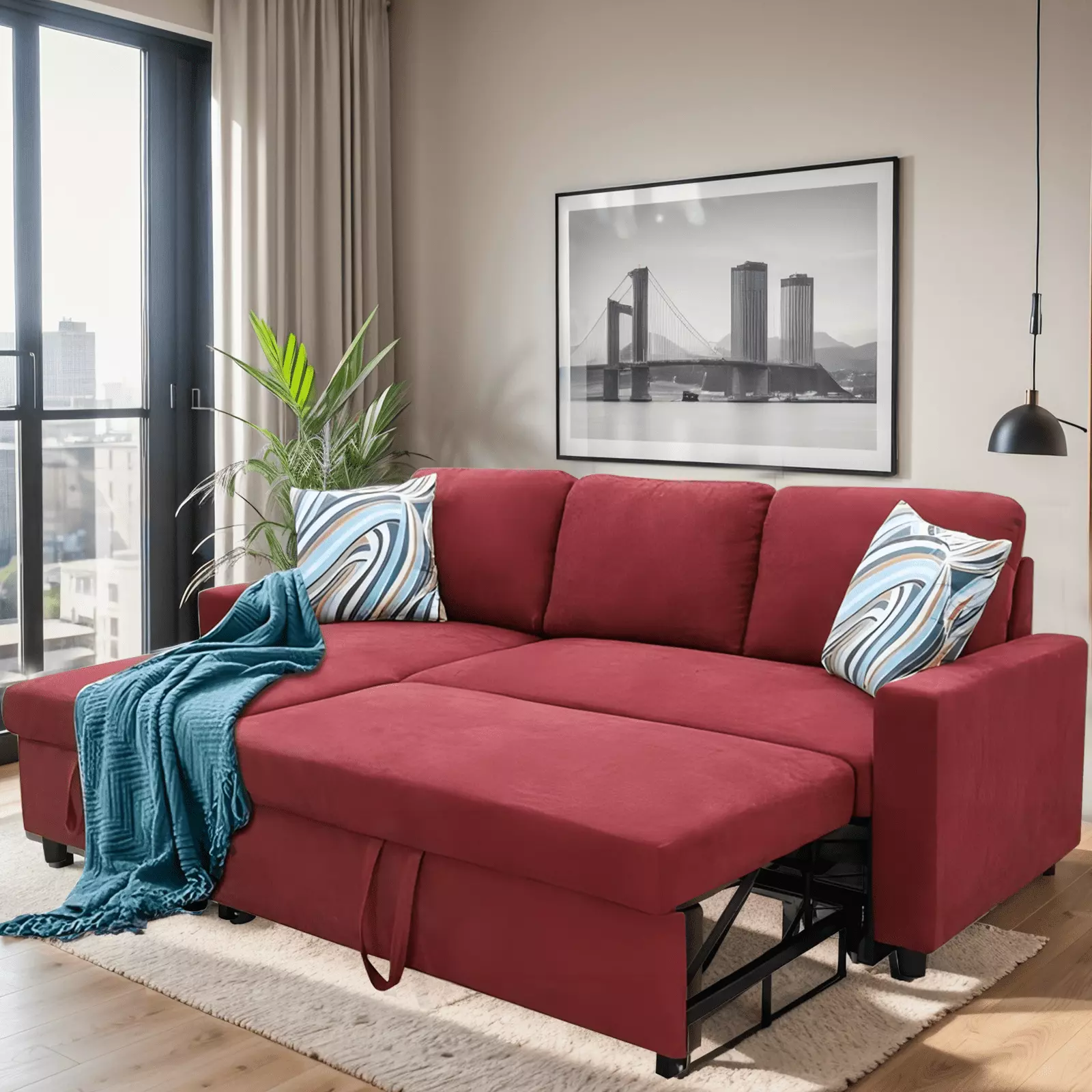 Gaildon Flannelette 2-Piece Couch Living Room Sofa bed.Sectional sleeper sofa with Storage chaise .Red