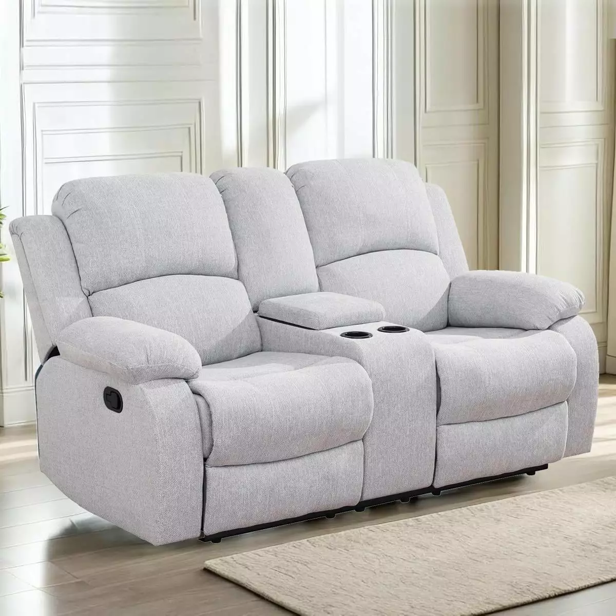 Gewnee Linen Fabric Manual Reclining Loveseat with 2 Recliners and Cup Holders.Gray