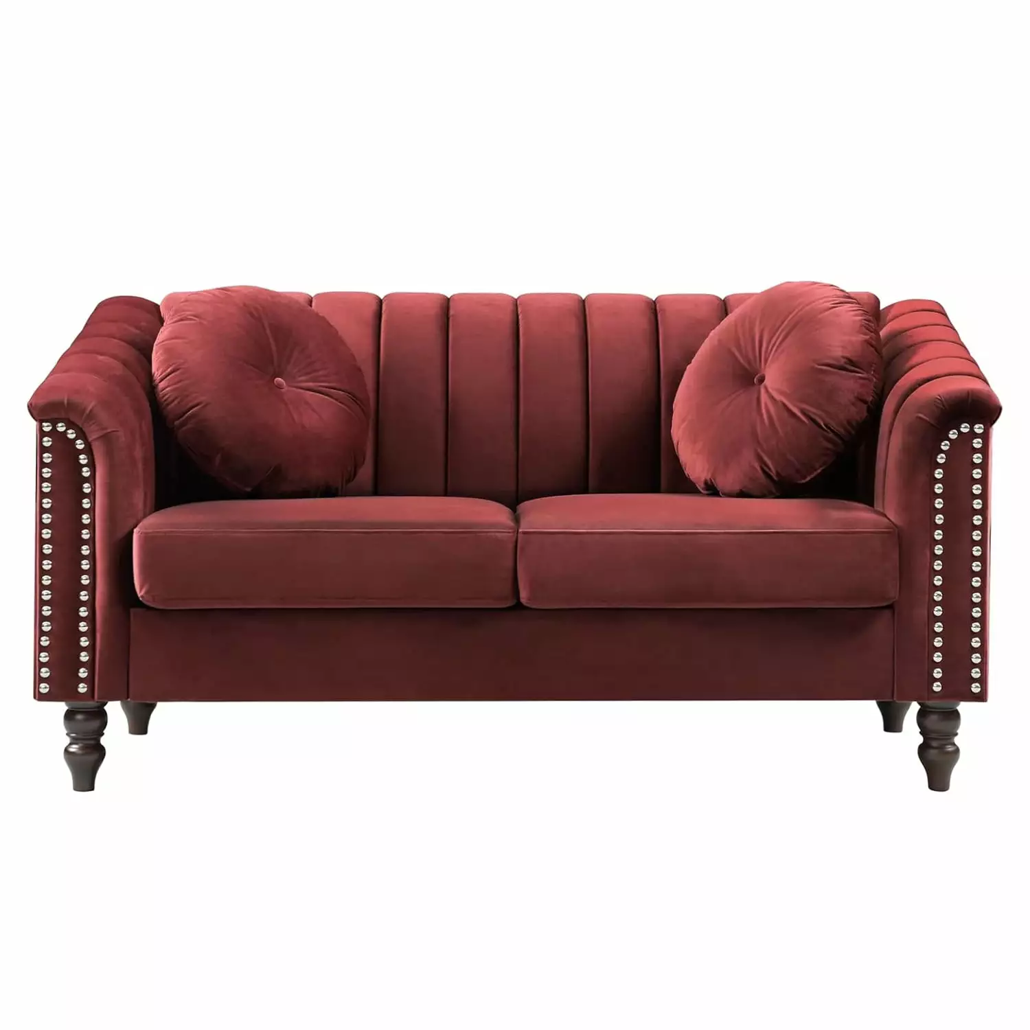 Gewnee Velvet Loveseat Sofa with Pillows and Nailhead Trim Armrest for Living Room.Red