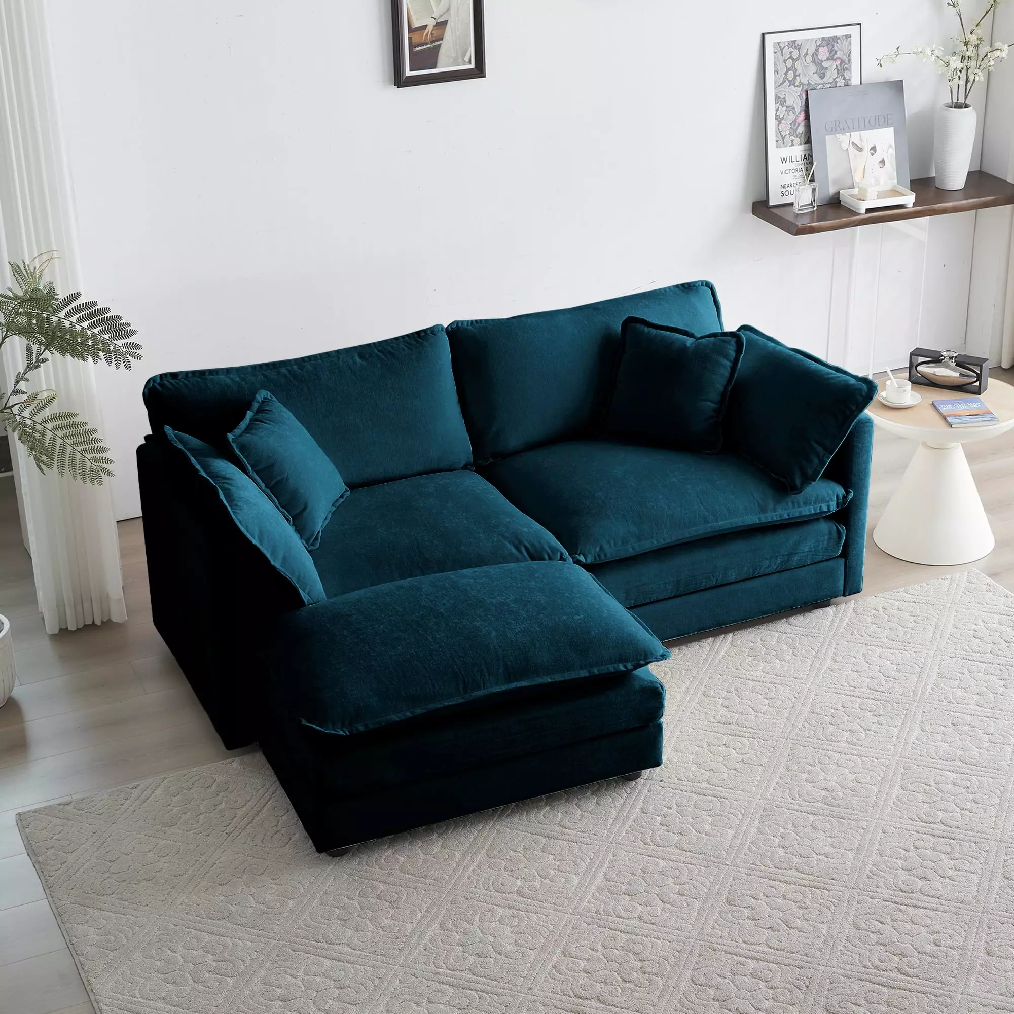 Gexpusm 76 Modern Loveseat Couch with 4 Pillows and 1 Footrest Chenille Sofa for Small Spaces.Blue