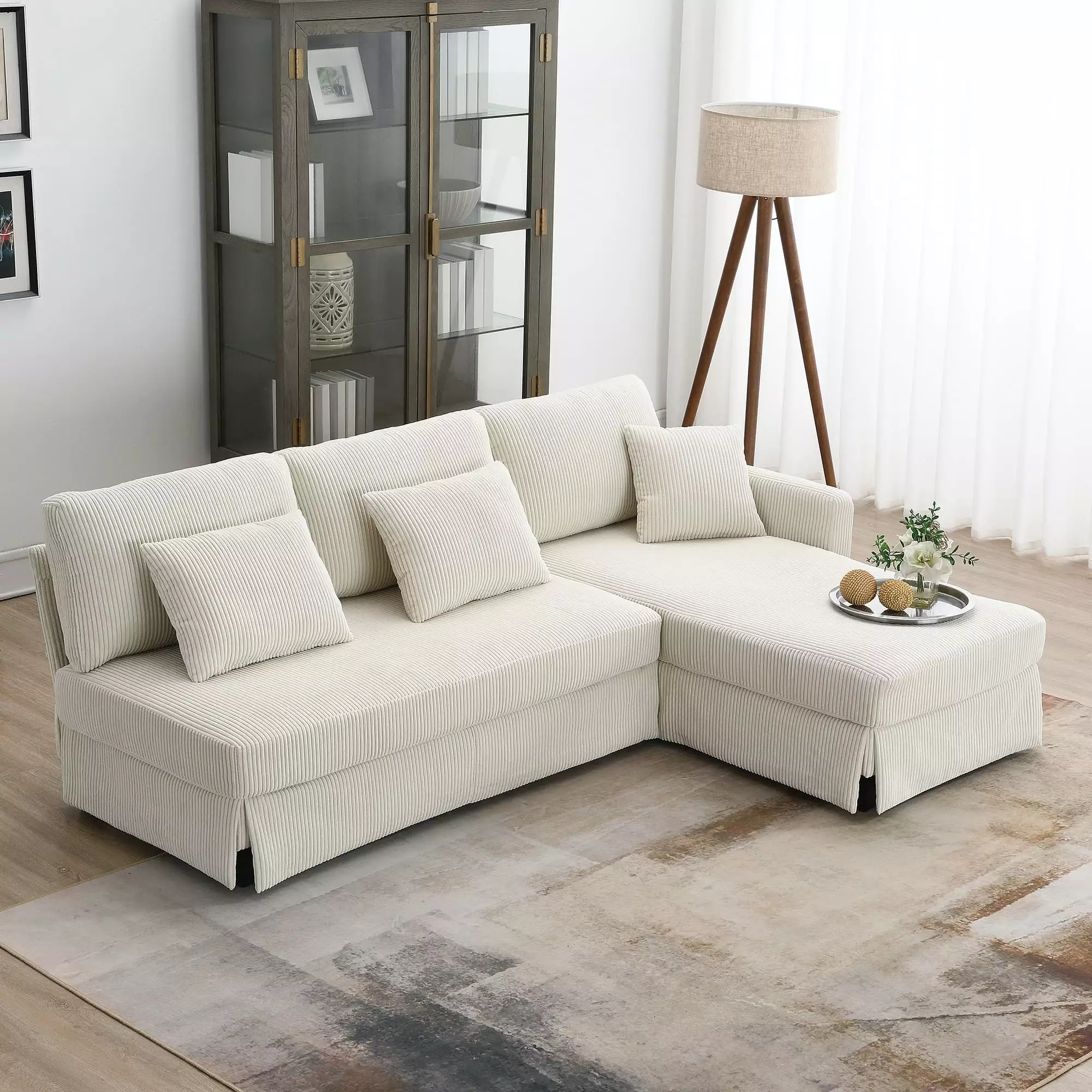 Gexpusm 87 L Shape Sofa Modern 4 Seater Corduroy Sectional Sofa with Chaise Longue and Pillows.Beige