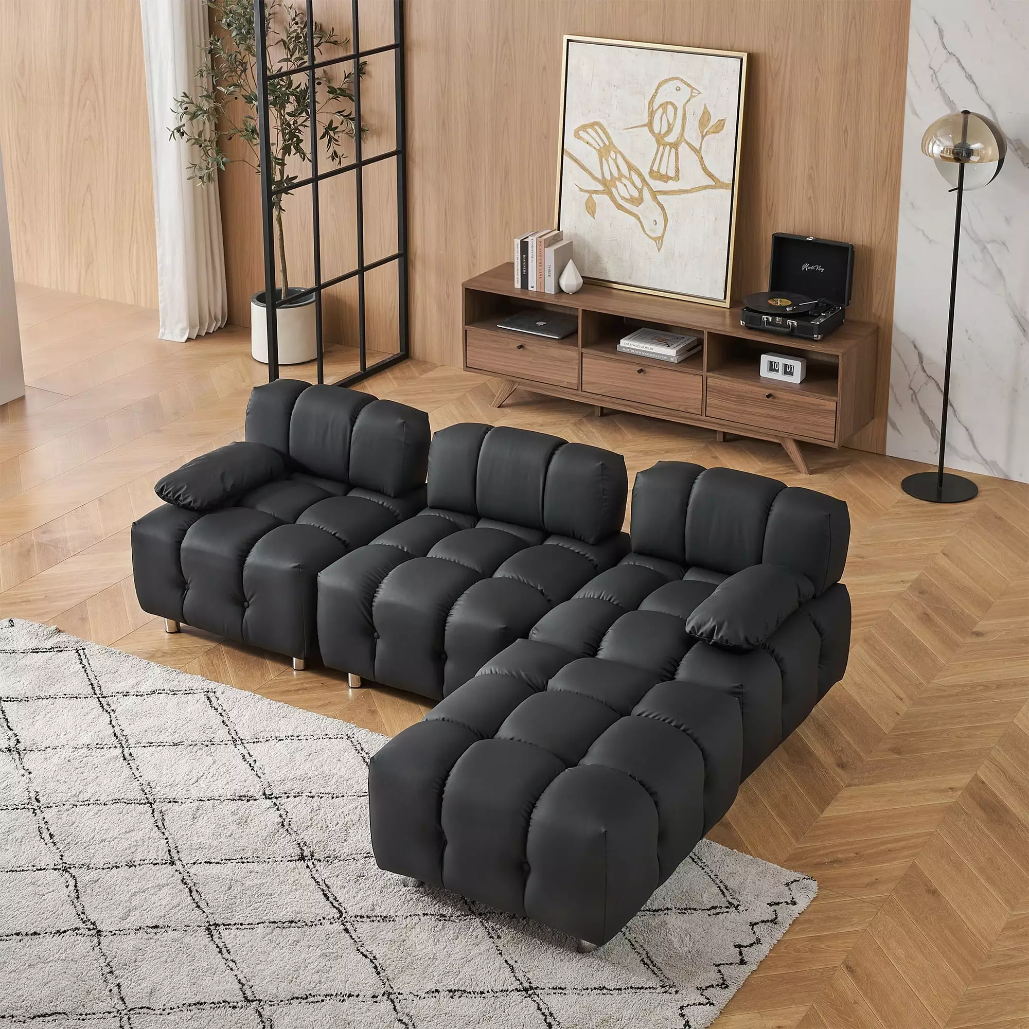 Gexpusm 90 Sectional Sofa Modern Tech Fabric Sofa with Metal Feet. Stain Resistant. Black