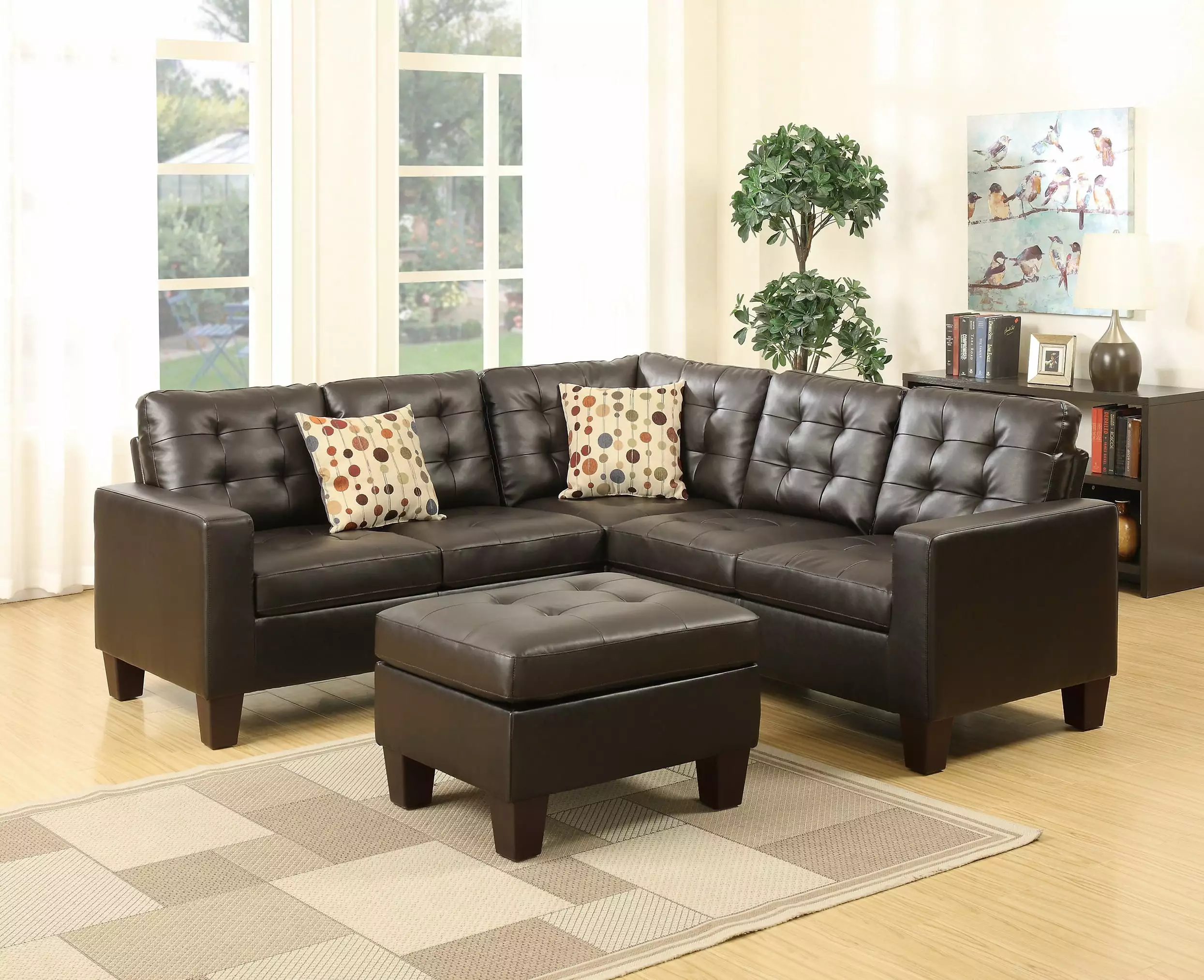 Gexpusm Faux Leather Sectional Sofa Modern L Shape Sofa with Footstool. Tufted Cushions. Brown