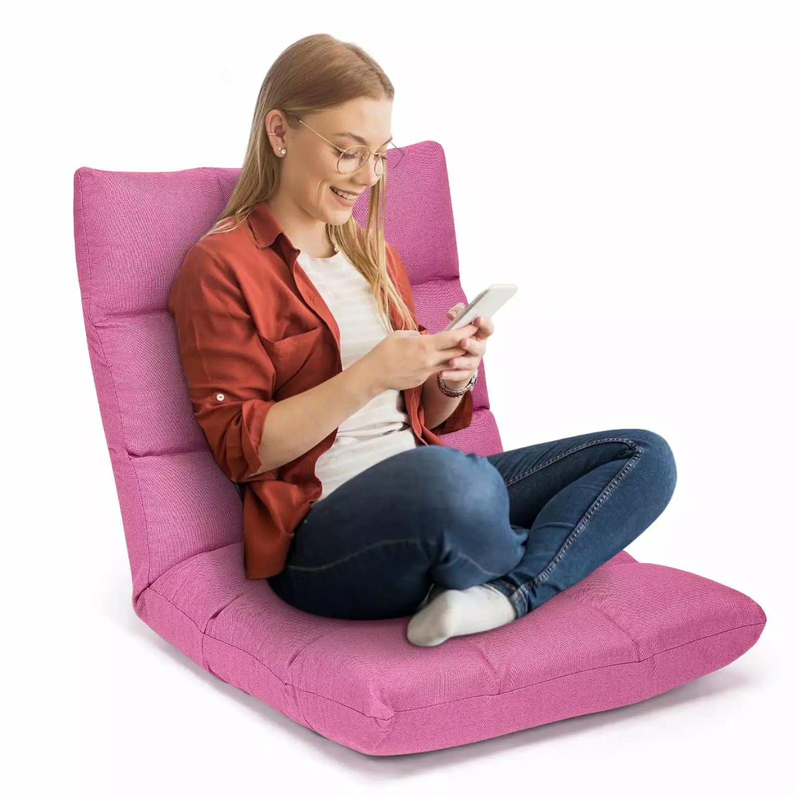 Giantex Adjustable Floor Gaming Sofa Chair w/14-Position. Cushioned Folding Lazy Reclinerw/High Resilience Sponge. Sleeper Bed Couch Recliner(Pink)