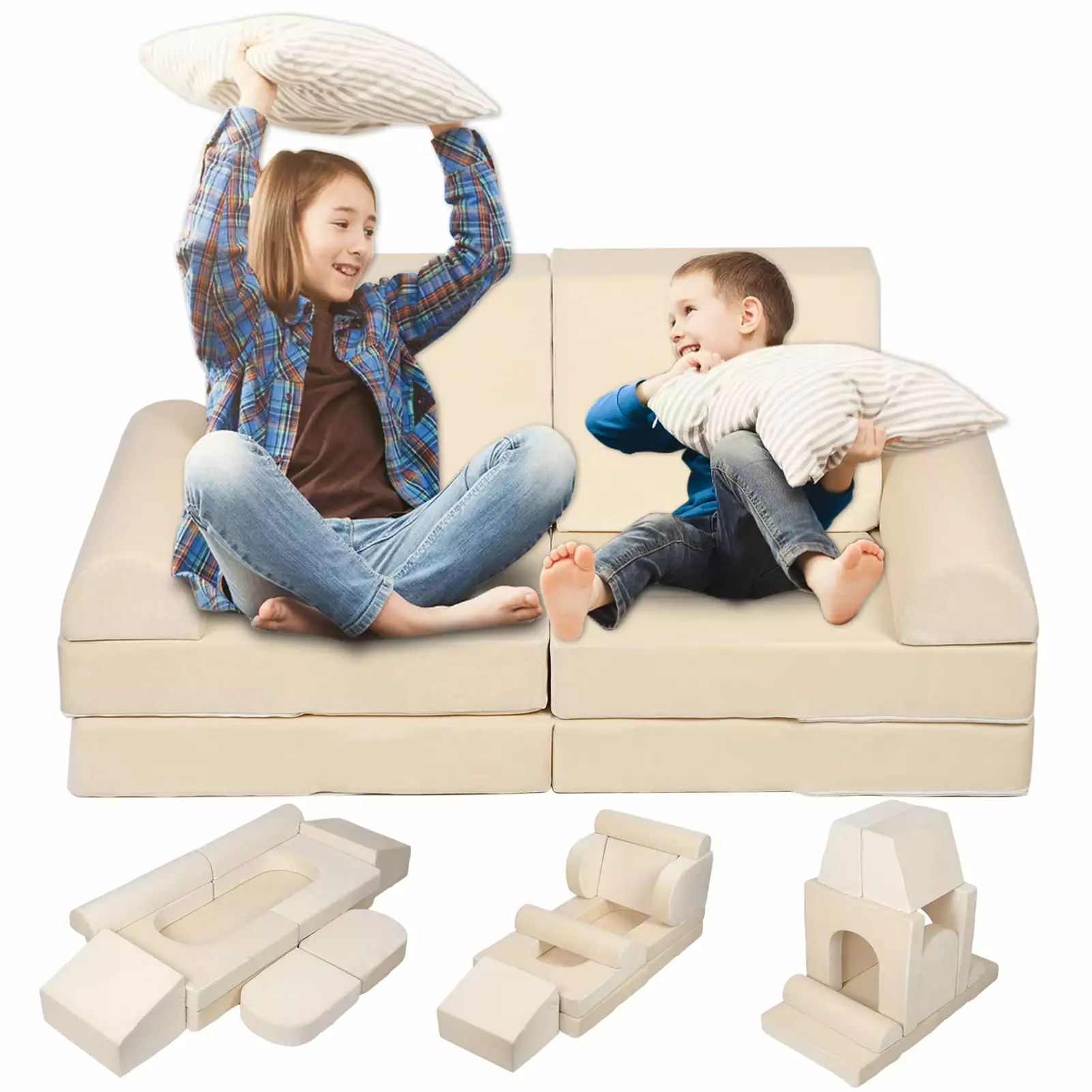 Grandest Birch 2 in 1 Modular Kids Play Couch. Child Sectional Sofa. Fortplay Bedroom and Playroom Furniture for Toddlers. Convertible Foam and Floor Cushion for Boys and Girls