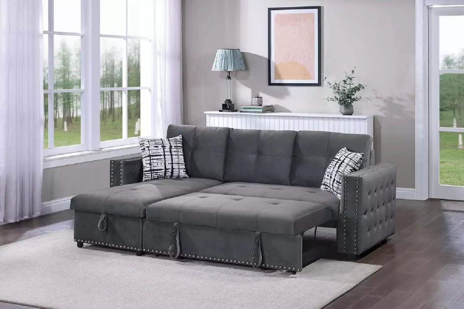 Gray Convertible Sectional 2pc Set Velvet Tufted Sofa Reversible Chaise w Storage Lounge Living Room