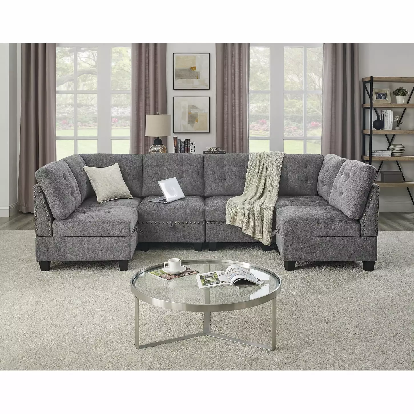 Grey Chenille Modular U-Shape Sectional Sofa - DIY Combination with 4 Single Chairs and 2 Corner Pieces. Comfortable and Adaptable