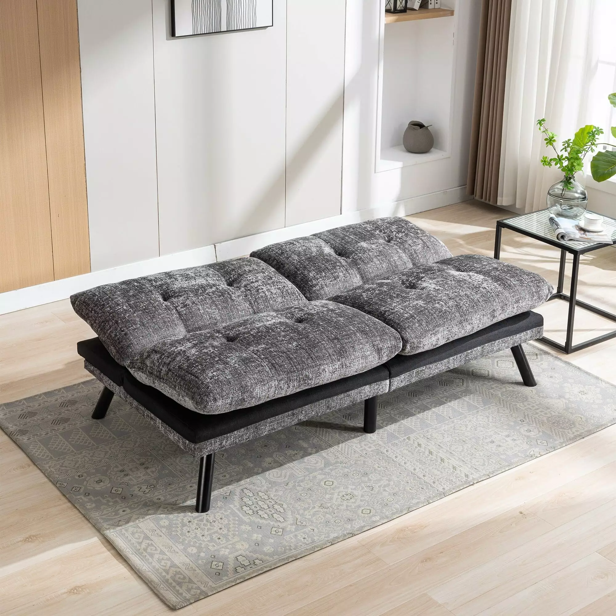 Grey Sleeper Loveseat w/ Convertible Armless Reclining Sofa Settee