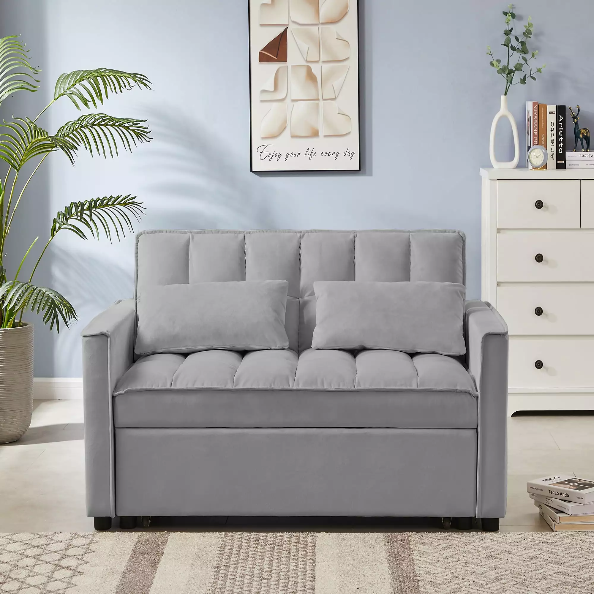 Grey Velvet Loveseat Sofa Bed Contemporary Design With Tufted Back & Seat . Well-Distributed Stitching Makes It More Comfortable