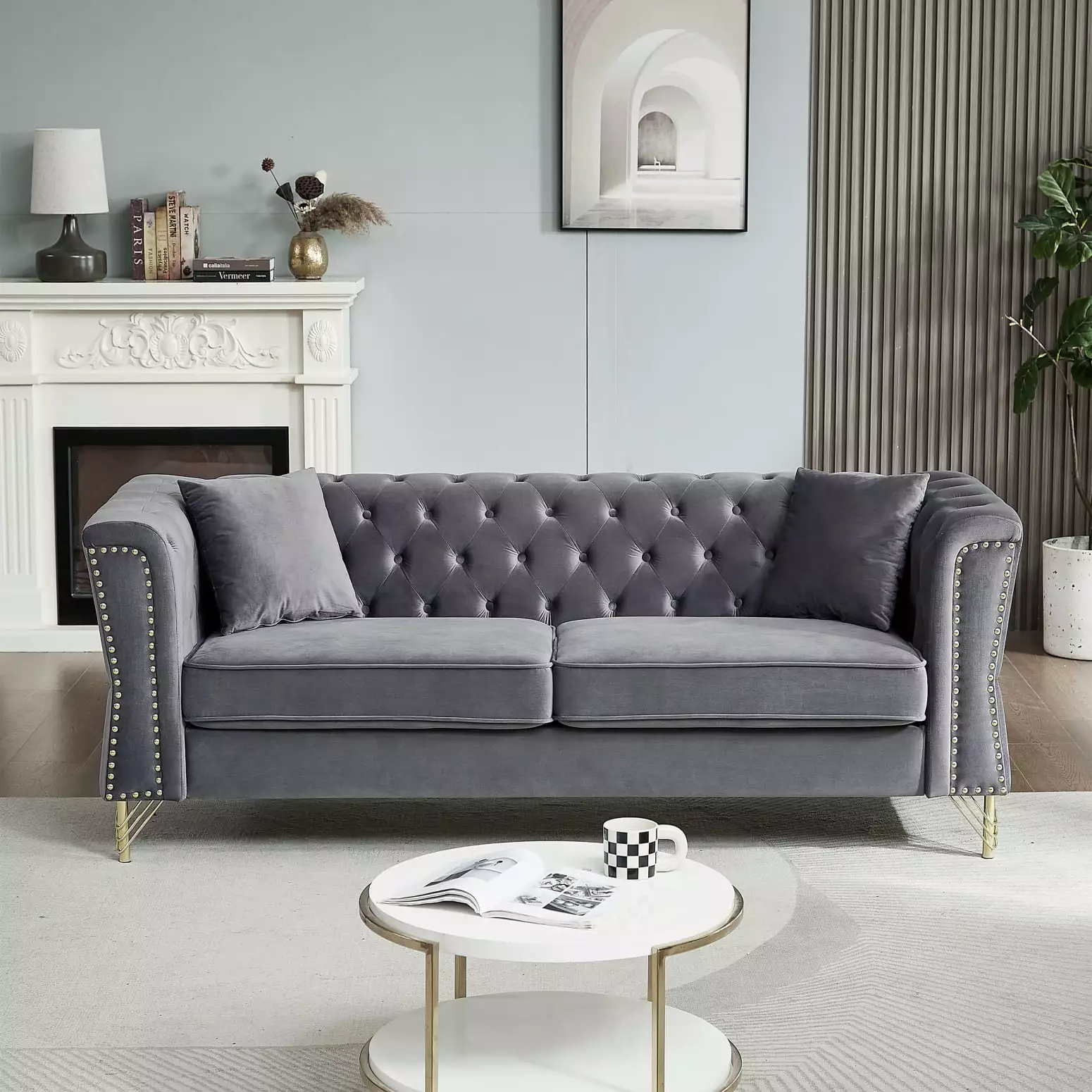 Grey Velvet Sofa. Chesterfield Design. Nailhead Trim.Includes Pillows for Extra Support. Two-Seater. Living Room and Bedroom Sofa. Removable Cushions