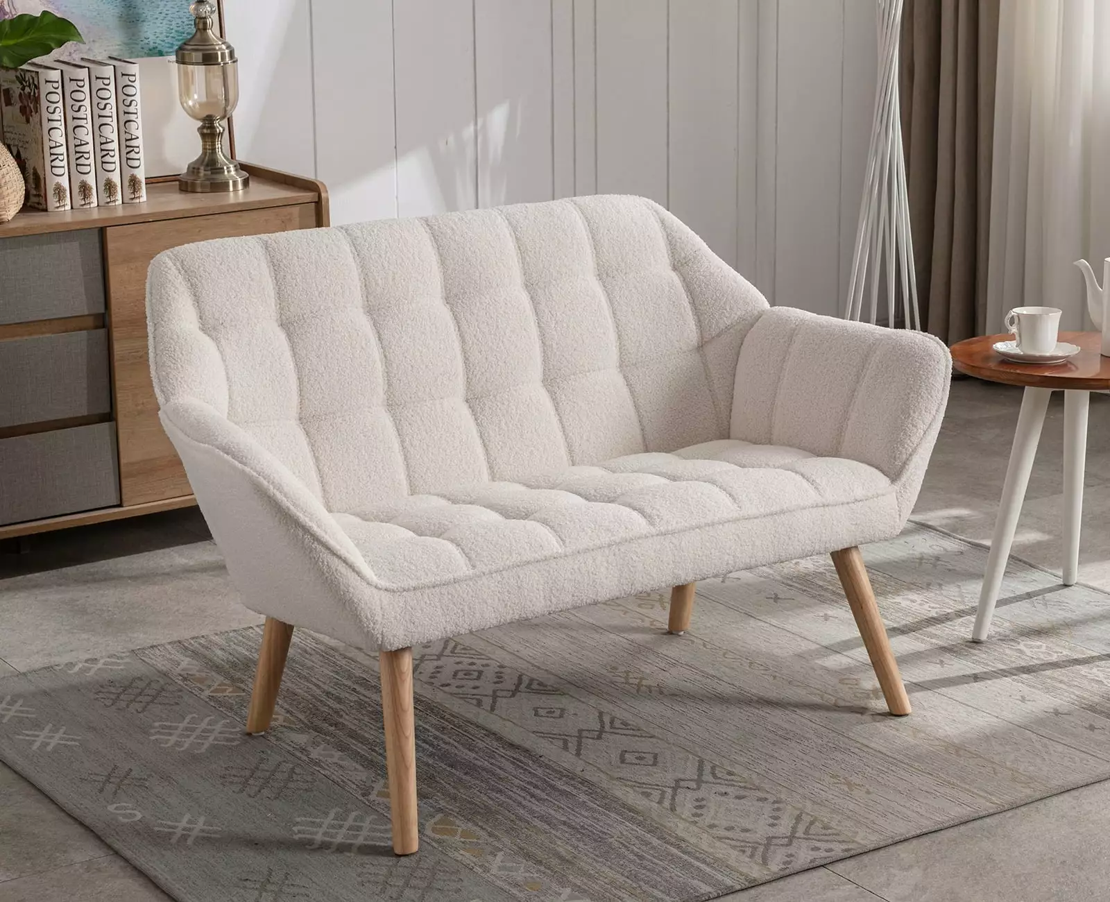 Guyou Small Loveseat Sofa. Modern Sherpa 2-Seater Mini Sofa Couch with Quilted Back and Armrests. Cute Accent Chair with Wooden Legs for Living Room Bedroom Apartment. White