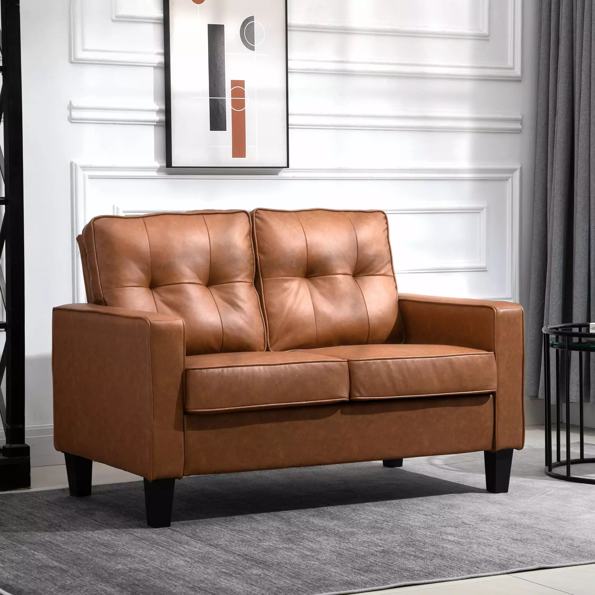 HOMCOM 51 Wide Loveseat with Armrest. 2-Seater Tufted PU Leather Double Sofa. Brown