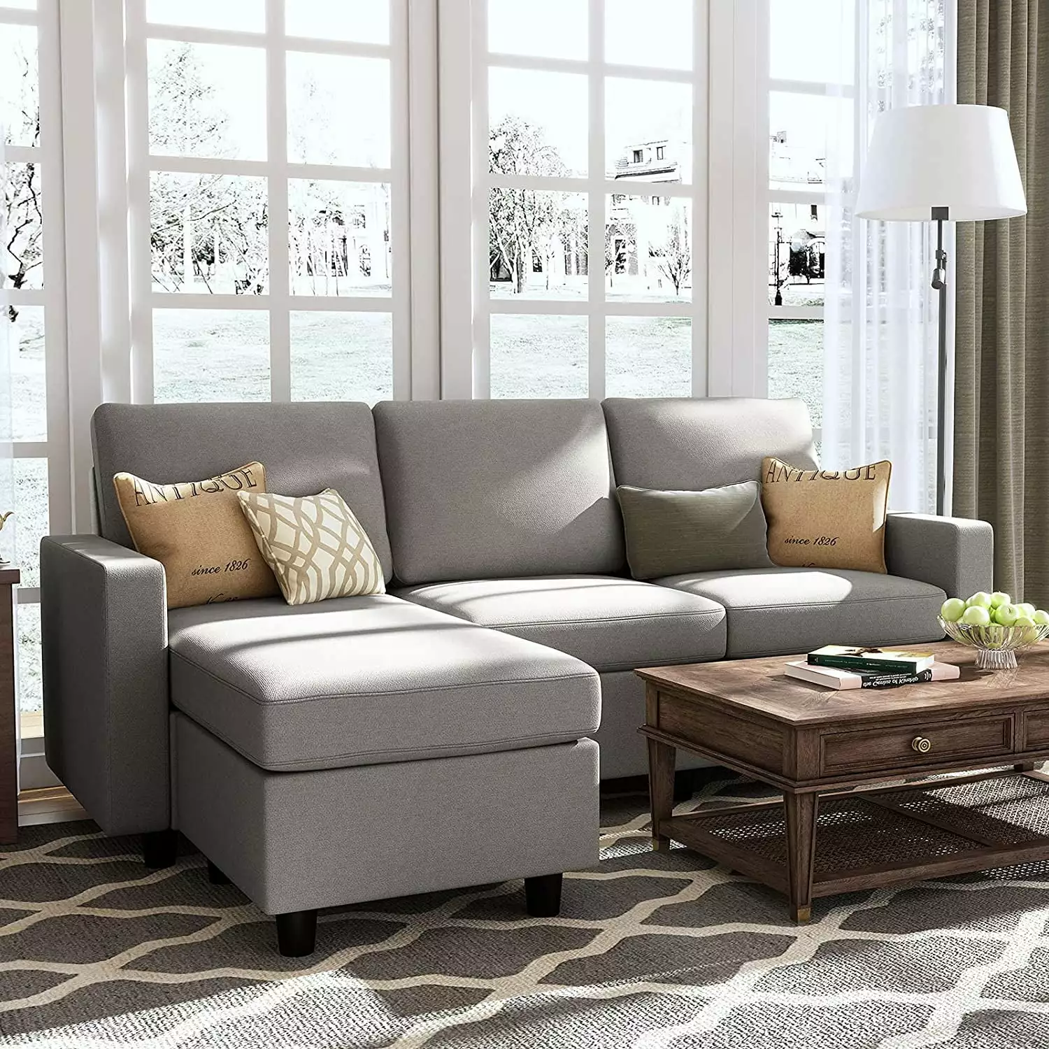 HONBAY Convertible Sectional Sofa Couch. L-Shaped Couch with Modern Linen Fabric for Small Space Light Grey