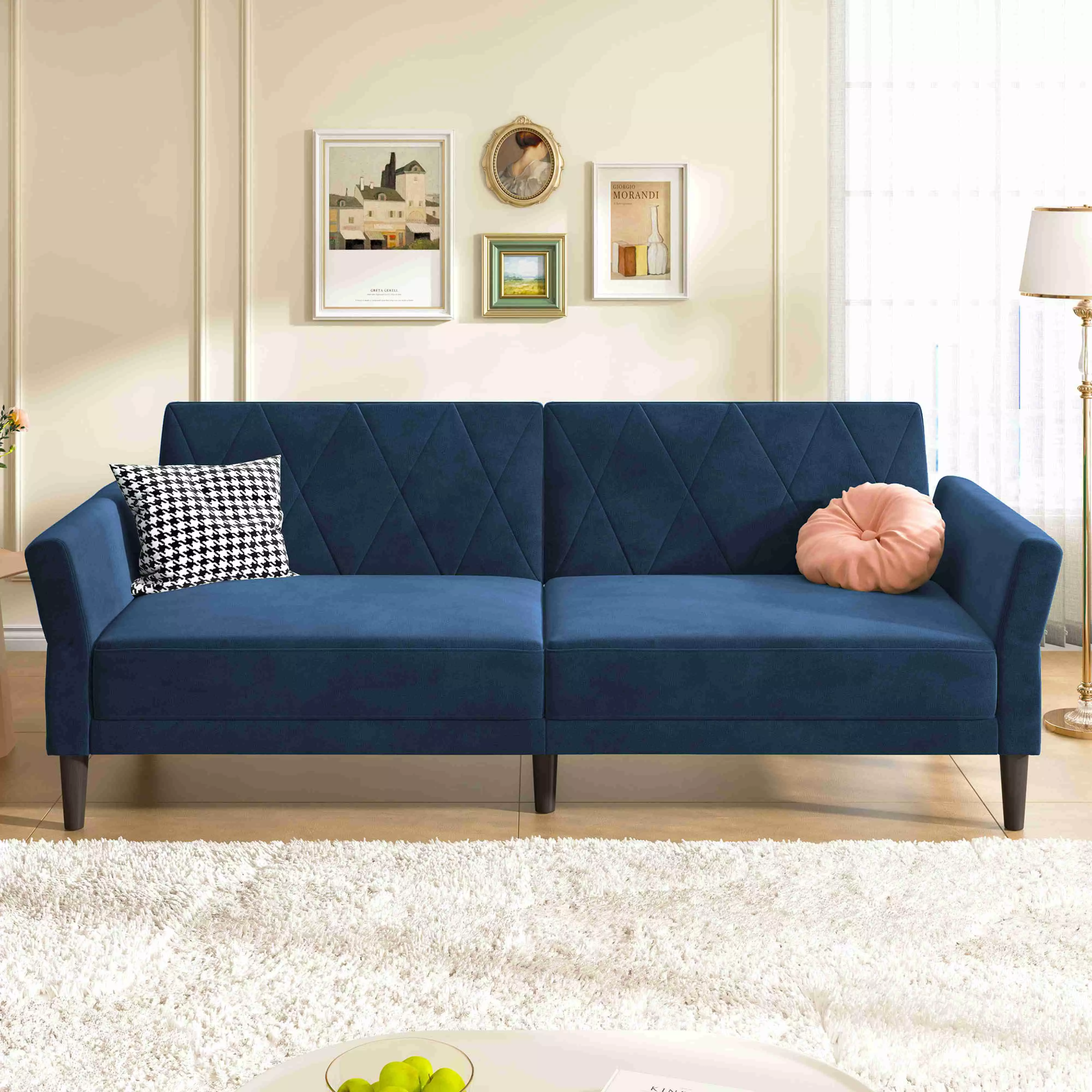 HONBAY Convertible Velvet Sofa Bed Folding Futon Sofa loveseat Tufted Loveseat. Navy Blue