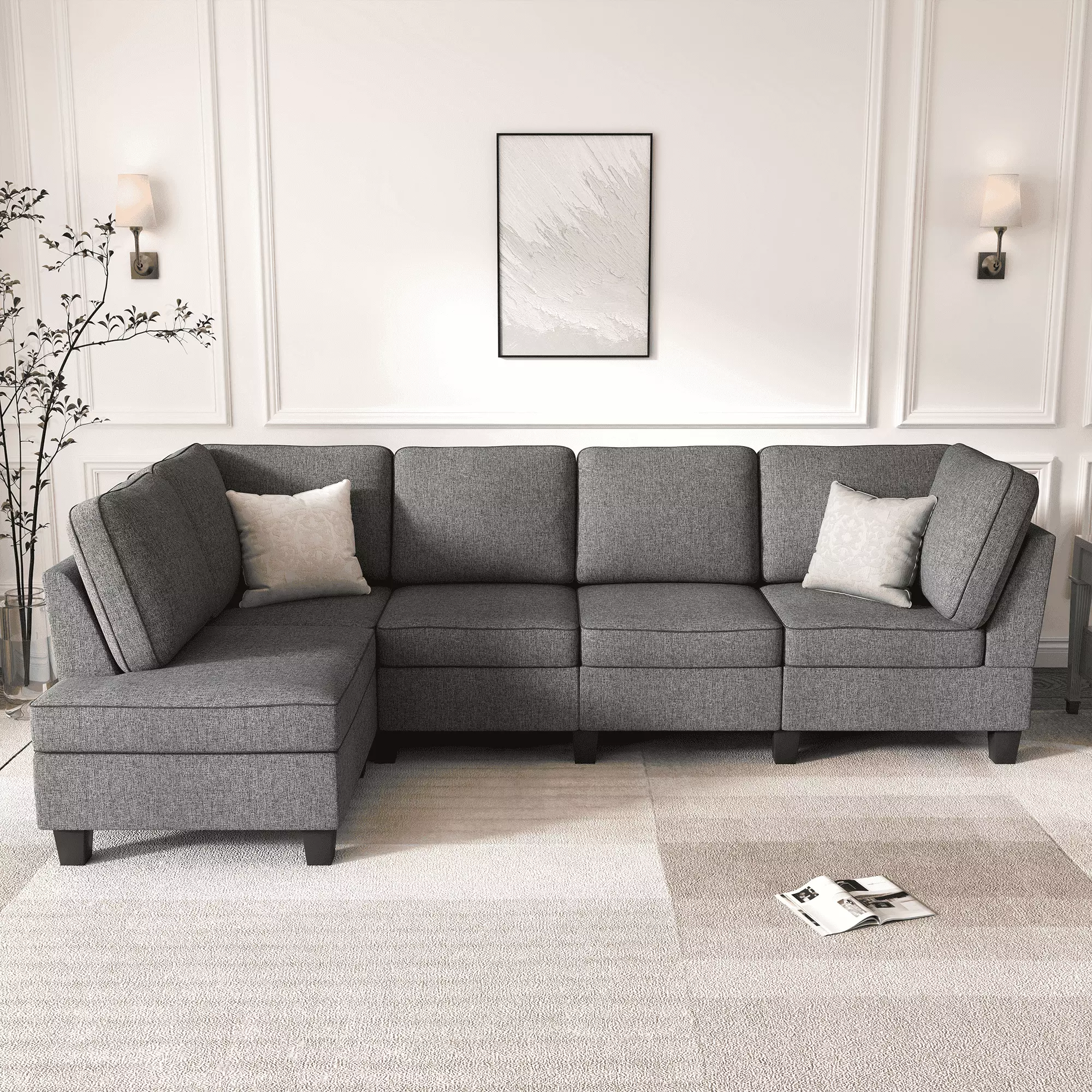 HONBAY L Shaped Sofa Sectional Couch with Adjustable Chaise for Living Room Grey