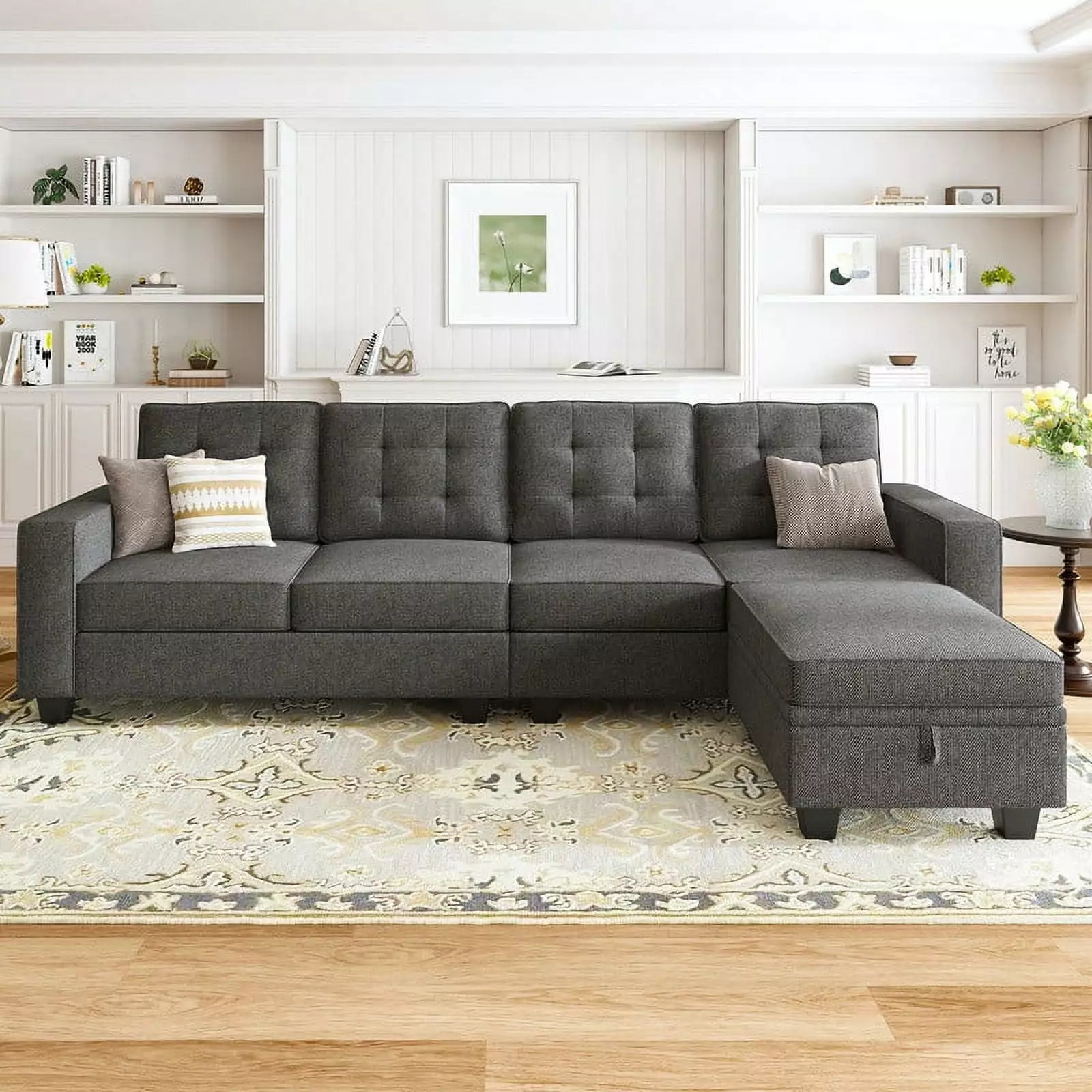 HONBAY Modern Convertible L-Shaped Linen Fabric Sectional Sofa with Storage Ottoman for Living Room. Dark Grey