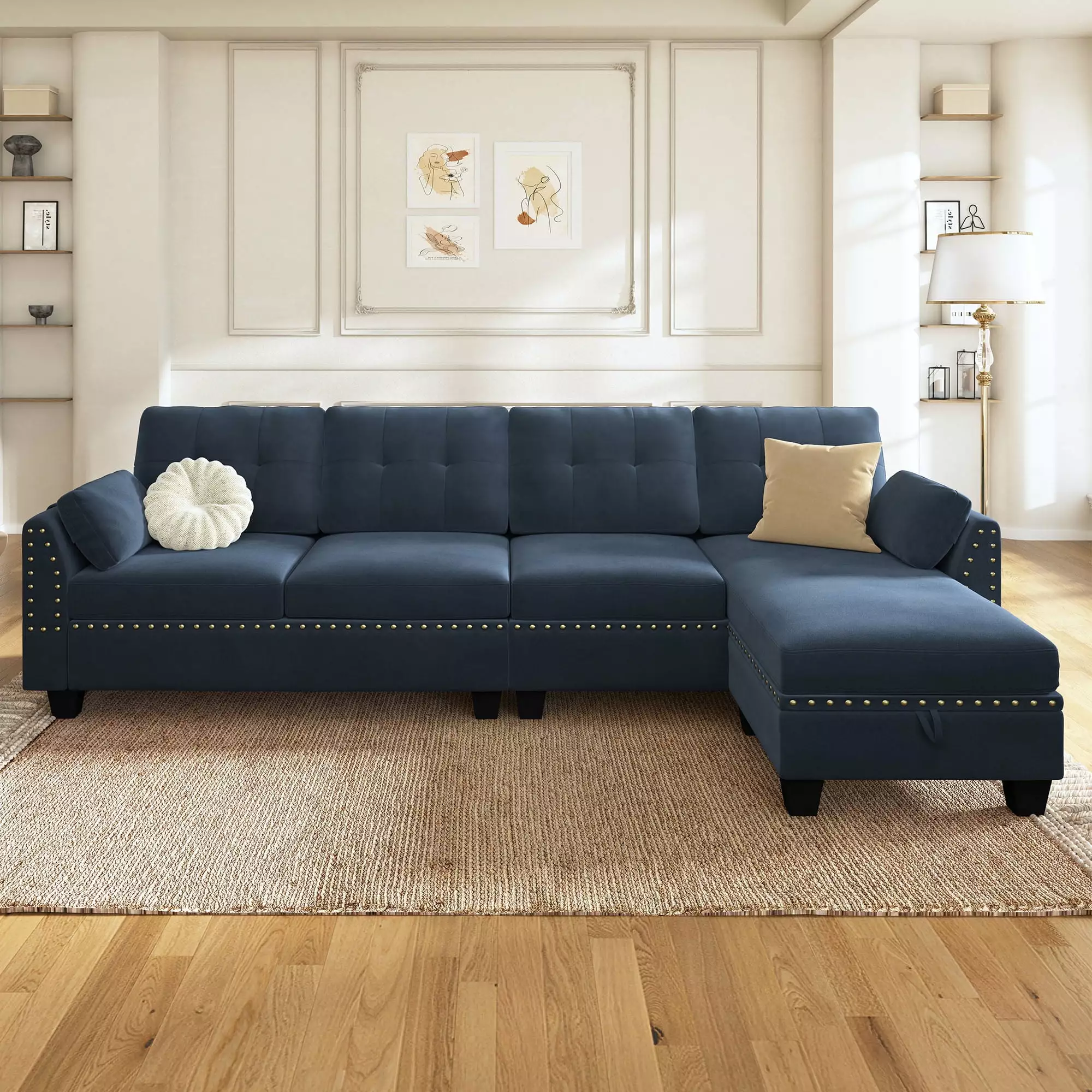 HONBAY Modern Velvet 4-seat Sofas Sectionals with Storage Ottomans and Pockets for Apartment. Dark Navy Blue