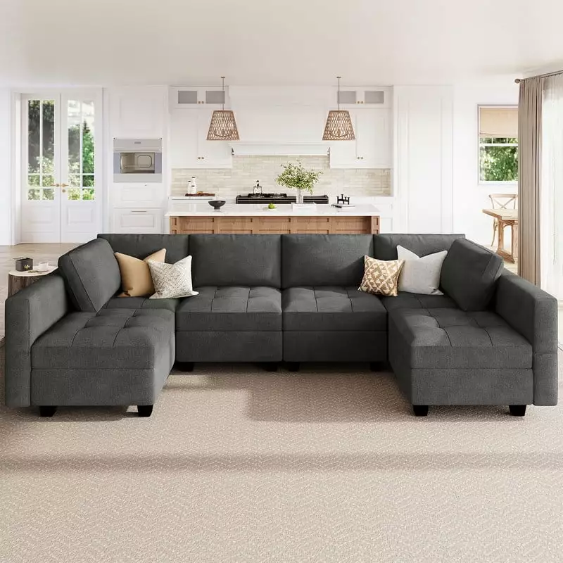 HONBAY U-Shaped Sectional Sofa with Recliner and Storage Ottomans Plush 6-Seater for Family Room. Dark Grey