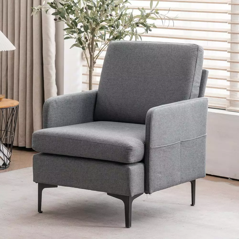 Hassch Modern Fabric Single Sofa Chair w/Side Pocket for Livingroom Bedroom Home Office. Dark Gray